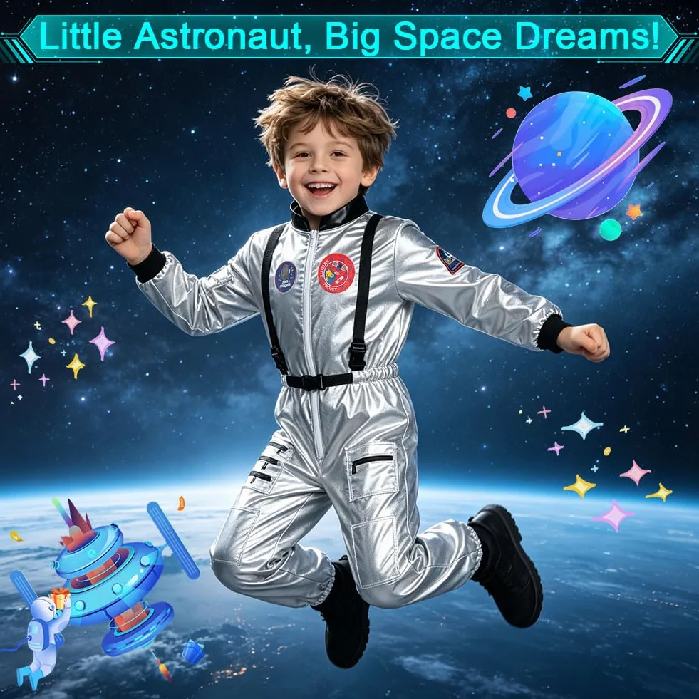AUYAO Kostium Astronautów Dziecko, Kostium Dziecka, Kostium Astronautów Dziecko, Prezent na Karnawał Halloween Cosplay, Srebrny