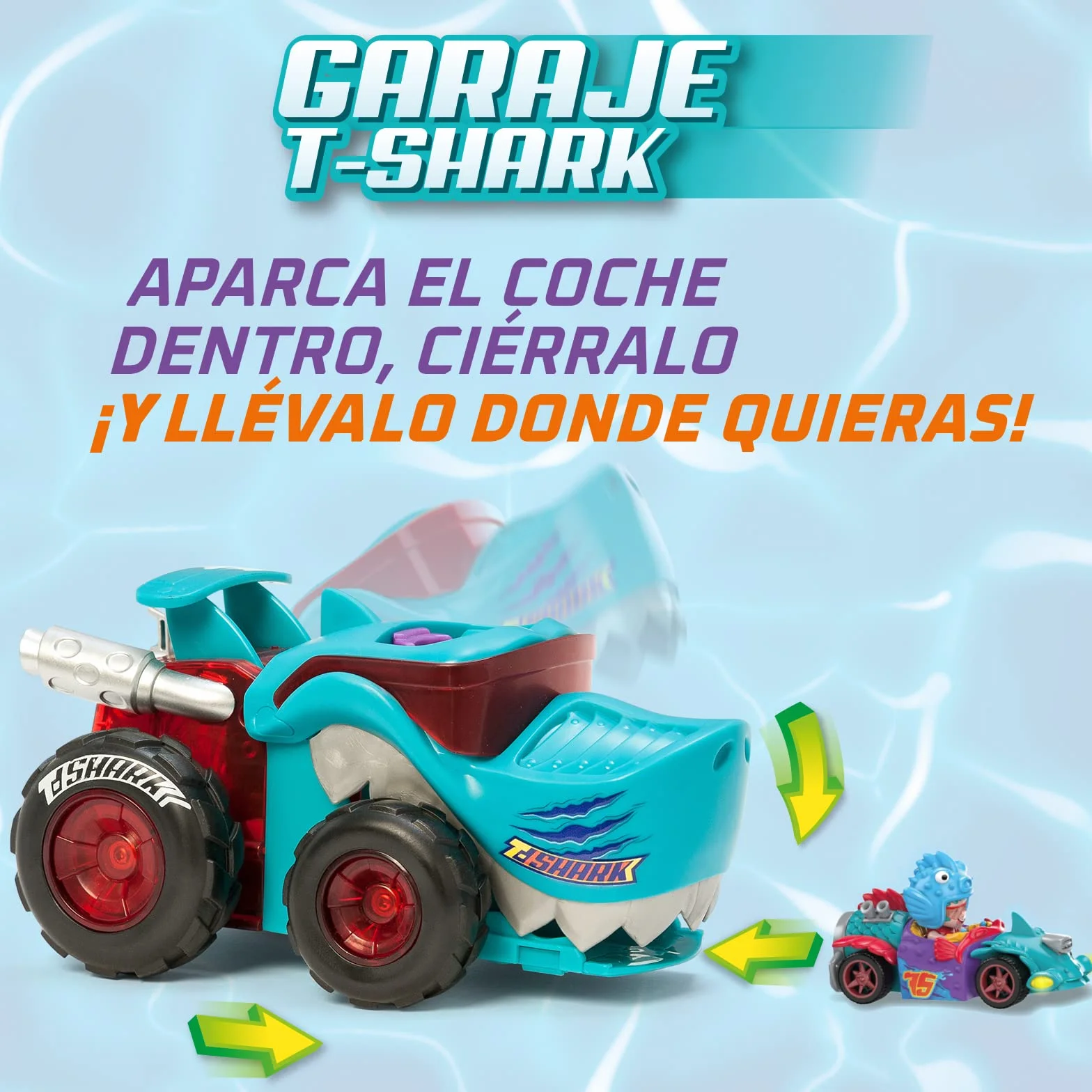T-Racers Mega Wheels T-Shark, Wyrzutnia samochodów z 1 ekskluzywnym kierowcą i 1 ekskluzywnym pojazdem. Kompatybilny z innymi samochodami z serii T-Racers.