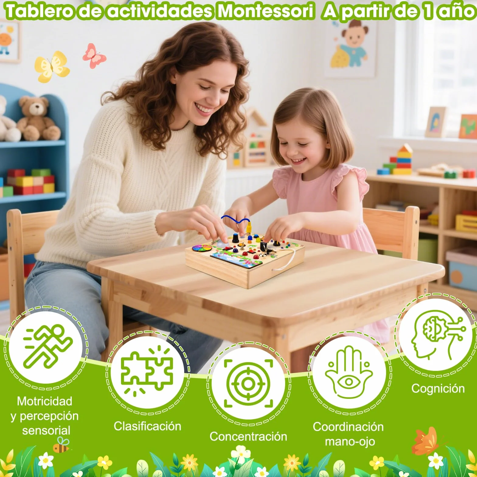 Fwiull Montessori zabawka od 1 roku, Baby Montessori Busy Board, deska do aktywności od 2 lat, zabawka motoryczna z 29 włącznikami światła LED, zabawka sensoryczna do nauki, odpowiednia dla 1, 2, 3, 4