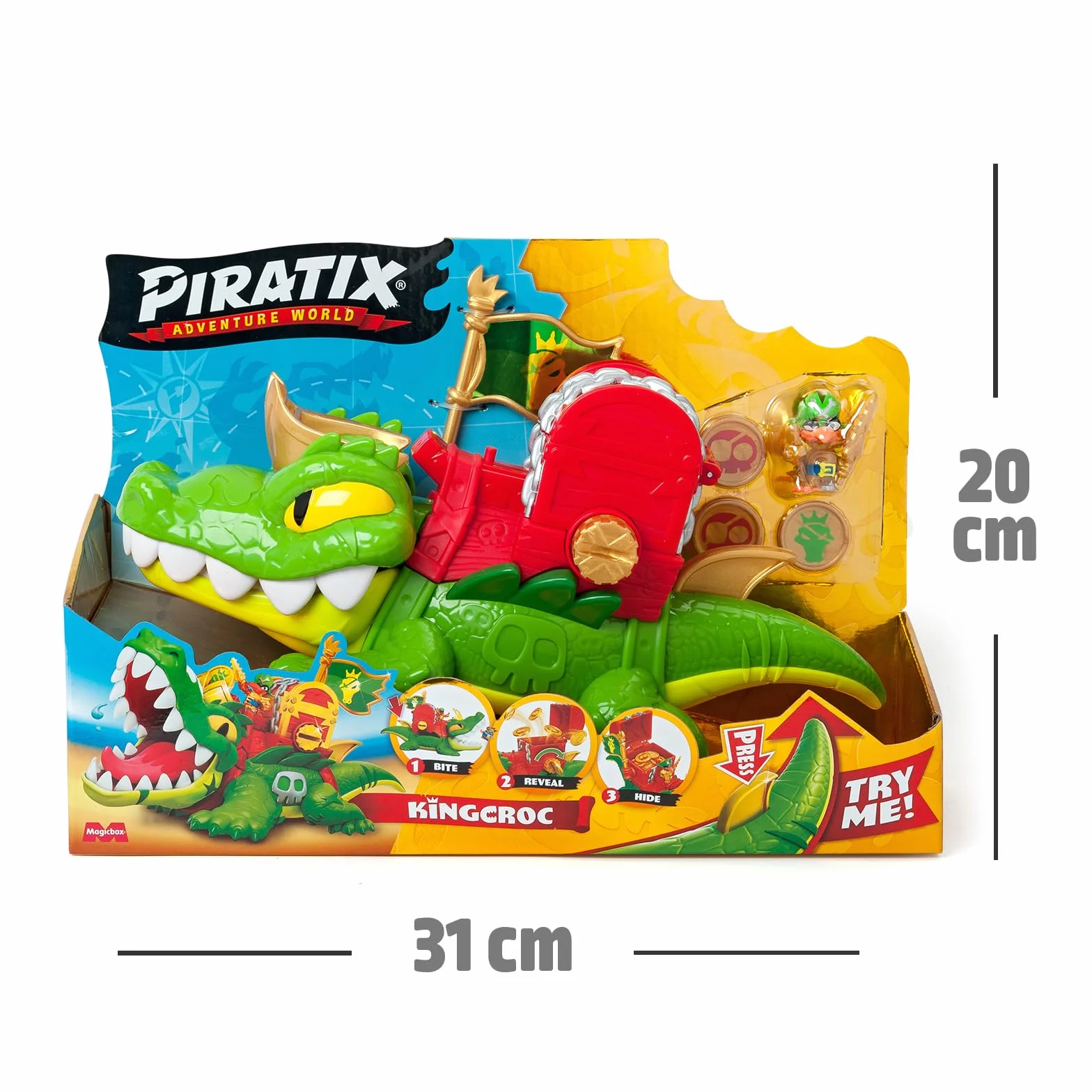 PIRATIX King Croc – krokodyl z ruchomą paszczą do chwytania Piratixów ze skrzynią na skarby. Zawartość:1 krokodyl, 1 extra moneta, 2 dodatkowe złote monety,1 ekskluzywny Piratixa i 1 akcesorium.