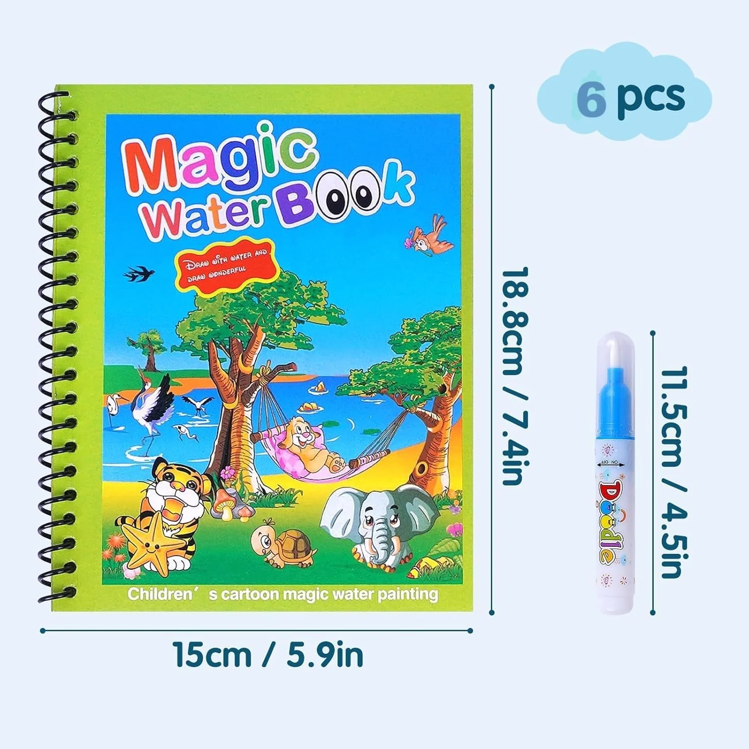Realjoy 6 sztuk magicznych kolorowanek wodnych wielokrotnego użytku książki do malowania wodą dla dzieci z 6 pisakami wodnymi zwierzę magiczne malarstwo książka dla dzieci malucha zabawka edukacyjna