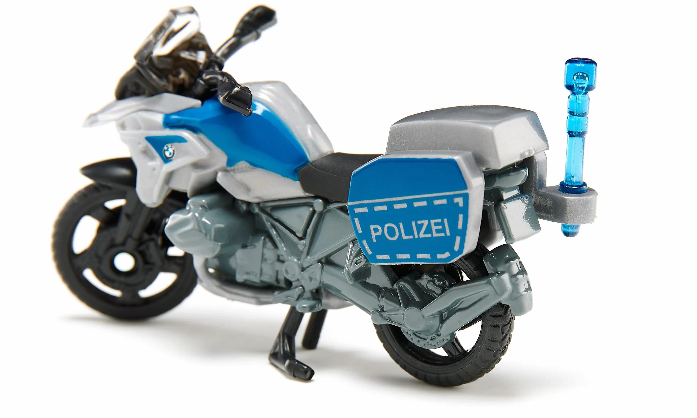 siku 1551, BMW motocykl policyjny, metal/tworzywo sztuczne, niebieski/srebrny, zabawkowy motocykl dla dzieci, niebieskie światło, ruchoma kierownica i stojak