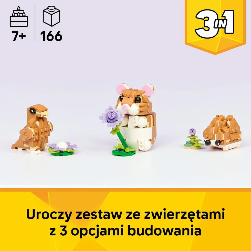 LEGO Creator 3in1 Cute Hamster with a Flower Toy - Animal Figure Transforms into a Hedgehog or Eagle - DIY Room Decor Idea - Birthday Gift for 7+ Year Old Girls & Boys - 31376