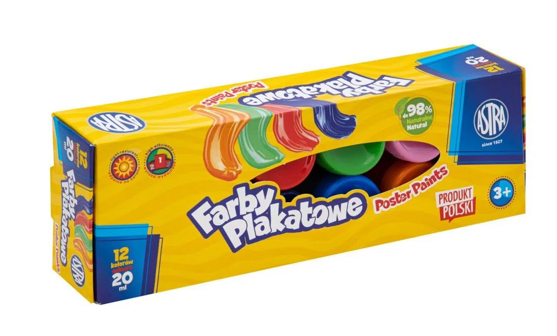 ASTRA, Farby Plakatowe, 12 Kolorów, Standardowe, 20 ml, Wodoodporne, Intensywne Barwy, Do Malowania na Papierze, Kartonie, Drewnie, Ceramice i Kamieniu