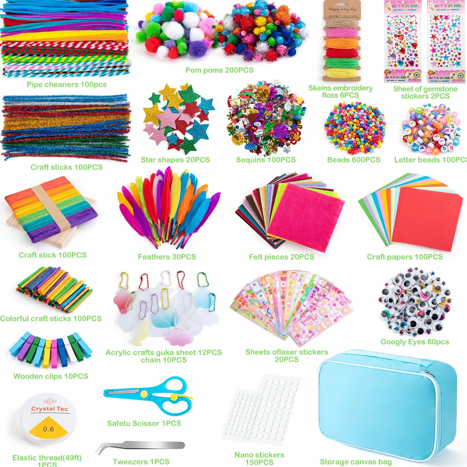 Sundaymot Zestaw do majsterkowania dla dzieci, 2000 sztuk, zestaw do majsterkowania, zestaw z zestawem do czyszczenia fajek, oczami, kreatywny, scrapbooking, torba lniana dla dziewcząt, chłopców