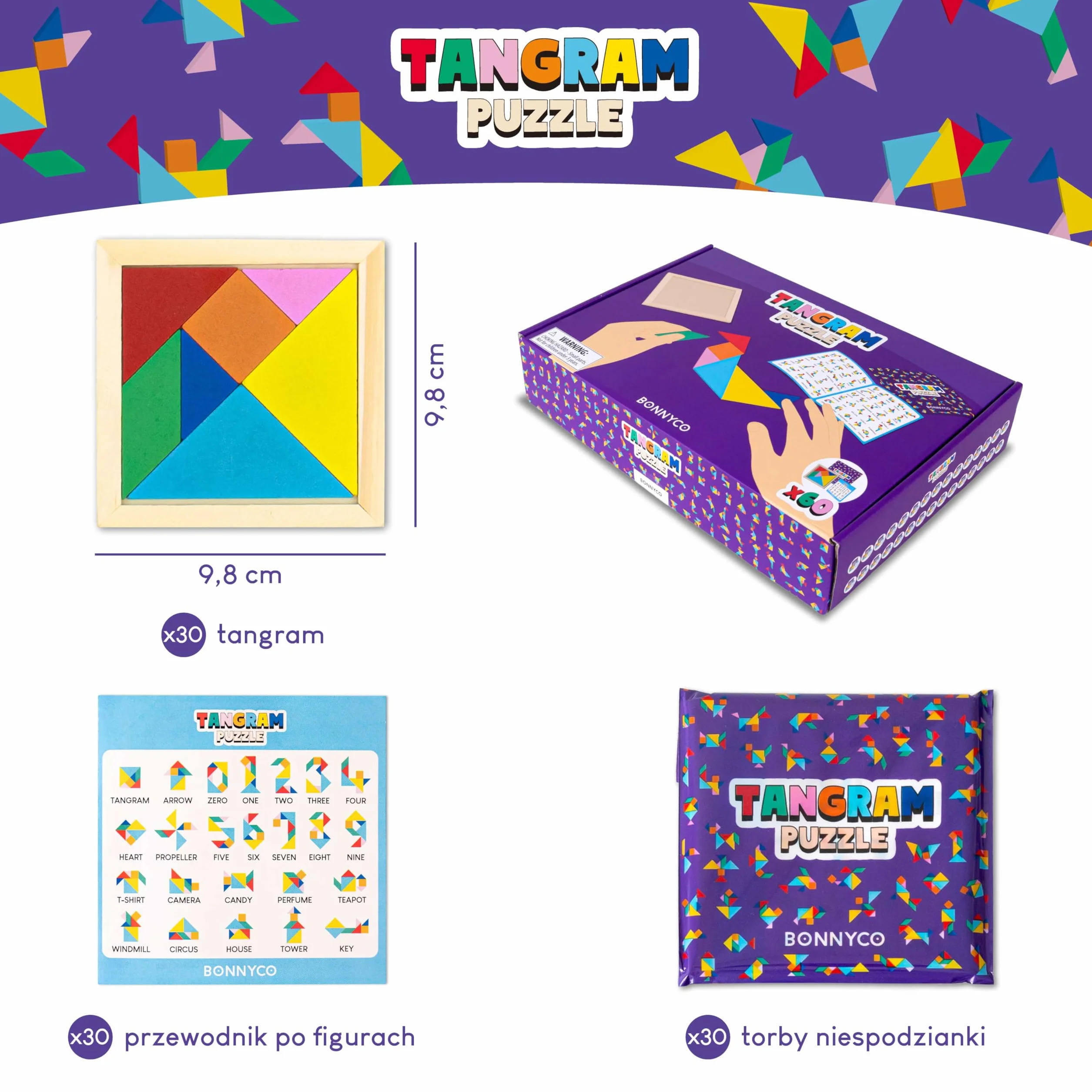 BONNYCO Puzzle Tangram dla Dzieci Pakiet 30 Wypełniaczy do Torebek Imprezowych Unisex. Wypełniacze do Torebek Imprezowych Dla Maluchów. Prezenty na Przyjęcia Dzieci