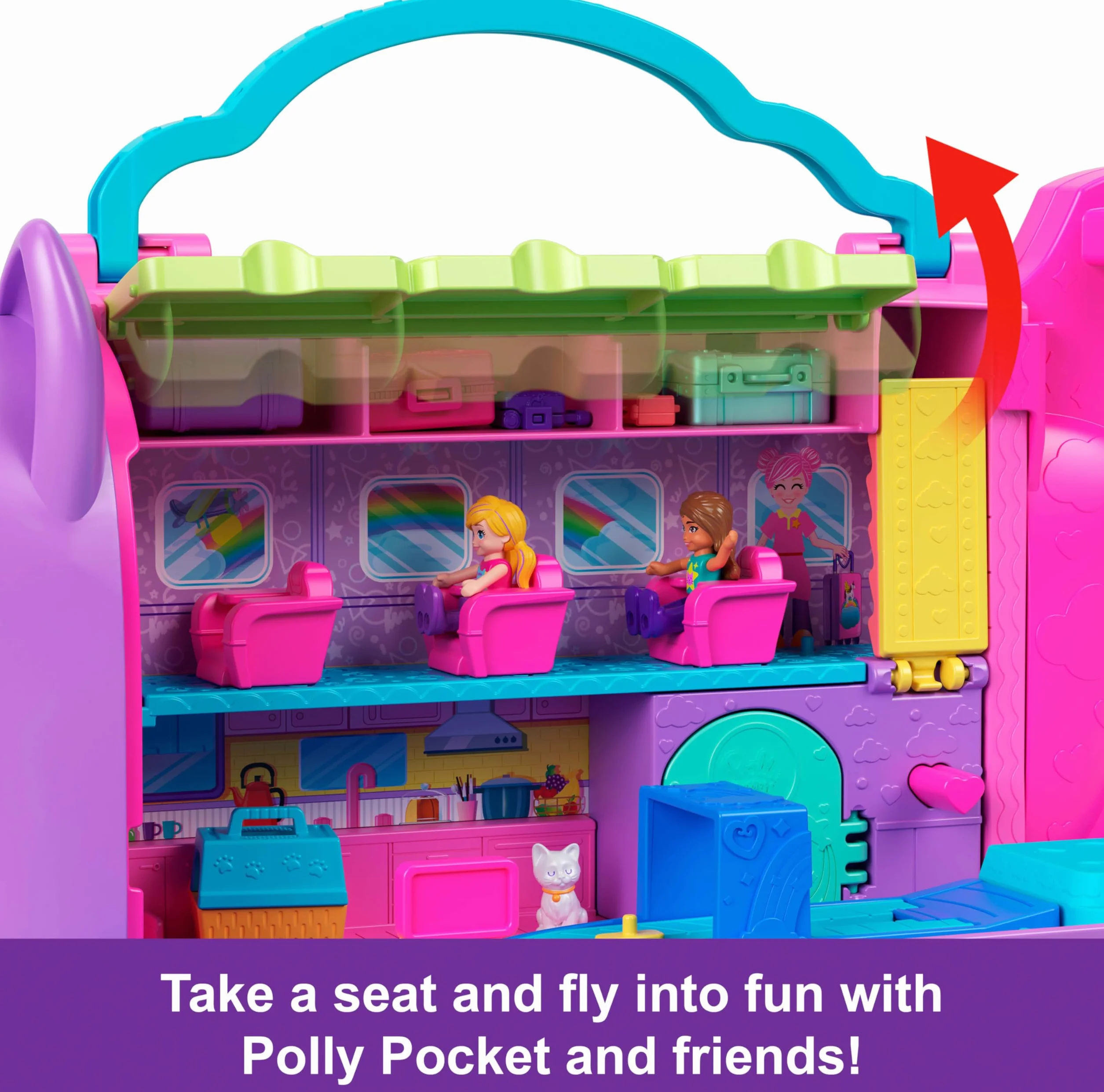 Polly Pocket Kotolot Zestaw samolot z 2 mikrolalkami, figurką zwierzątka, miejscem do przechowywania i akcesoriami, przenośna zabawka dla dzieci, HWP19
