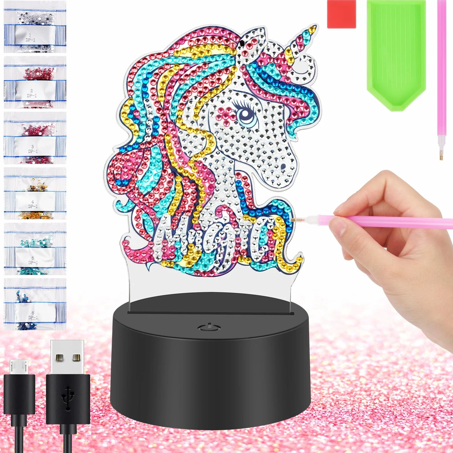 AUAUY 5D Diamentowa Lampa Malarska, Zestaw Nocnych Lampek DIY, 7 Kolorów Nocnej Lampki dla Dzieci, Jednorożec LED Kreatywne Diamentowe Malowanie dla Dziewczynek i Chłopców Dekoracja Sypialni
