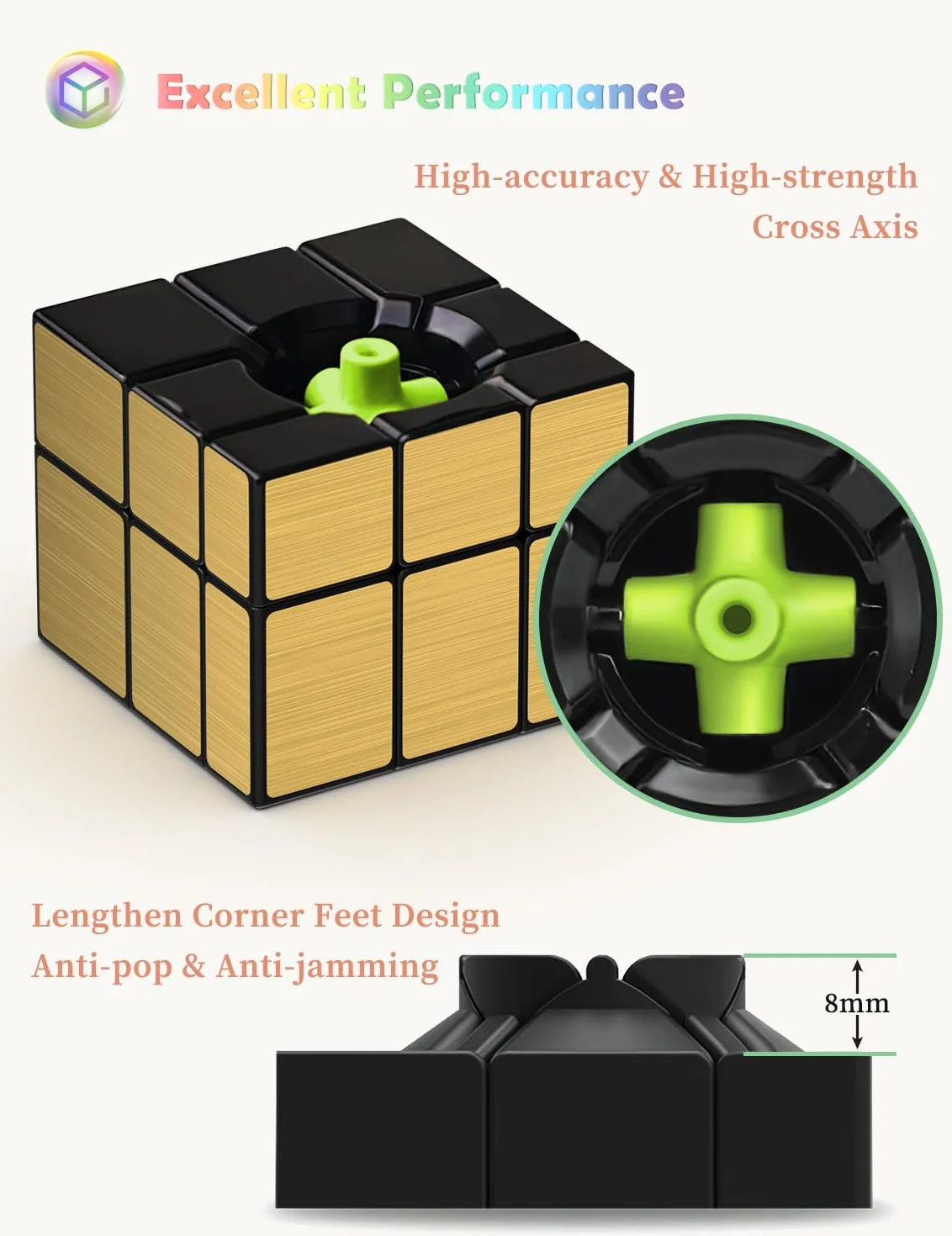 ROXENDA Speedcube zestaw 2 lusterek w kolorze złotym w kształcie litery S, srebrne kostki z ochroną przed wiatrem, nieregularne podmuchy Speedcubing 3 x 3 x 3 Speed Cube Twisty Box, puzzle, złoty