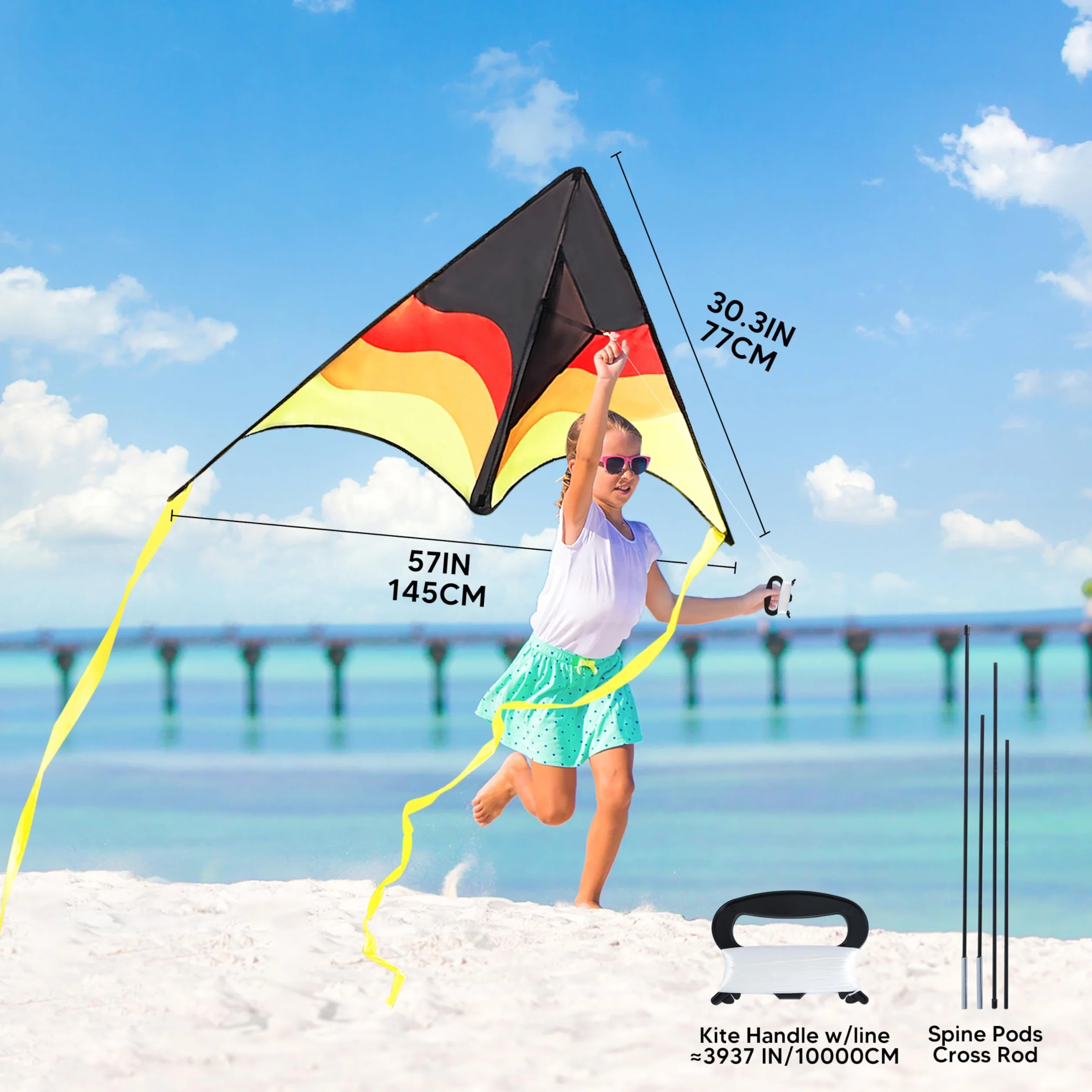 SYNCFUN Duży latawiec Delta Gradient Yellow – łatwy do latania dla dzieci i dorosłych, latawiec plażowy ze sznurkiem o długości 100 m do gier i aktywności na świeżym powietrzu