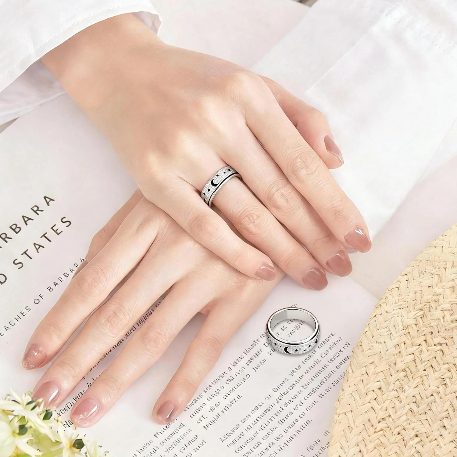 5 sztuk Anxiety Rings Obrotowe Pierścienie, Stal Tytanowa Antystresowa Kobieta, Piaskowane Wykończenie Księżyc Gwiazda Pierścień Antystresowy Kobiety, Dla Mężczyzn Kobiety Łagodzi Stres Lęk