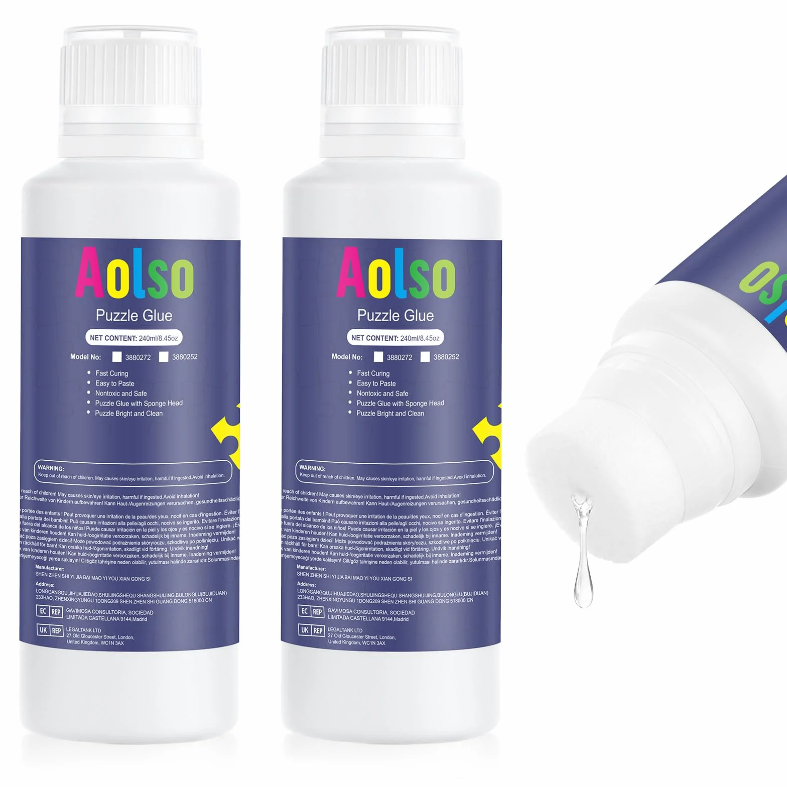 Aolso Klej do puzzli, 2 sztuki, klej oszczędny, 240 ml, do mocowania i zawieszania puzzli, szybkoschnące, puzzle, arkusze samoprzylepne, akcesoria do malowania diamentowego