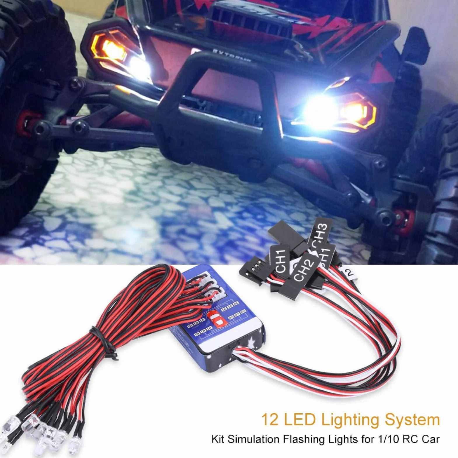 Tbest zestaw oświetlenia LED, zestaw oświetlenia 12 LED Symulacja migających świateł dla 1/10 1/8 RC Car / Truck / Crawler