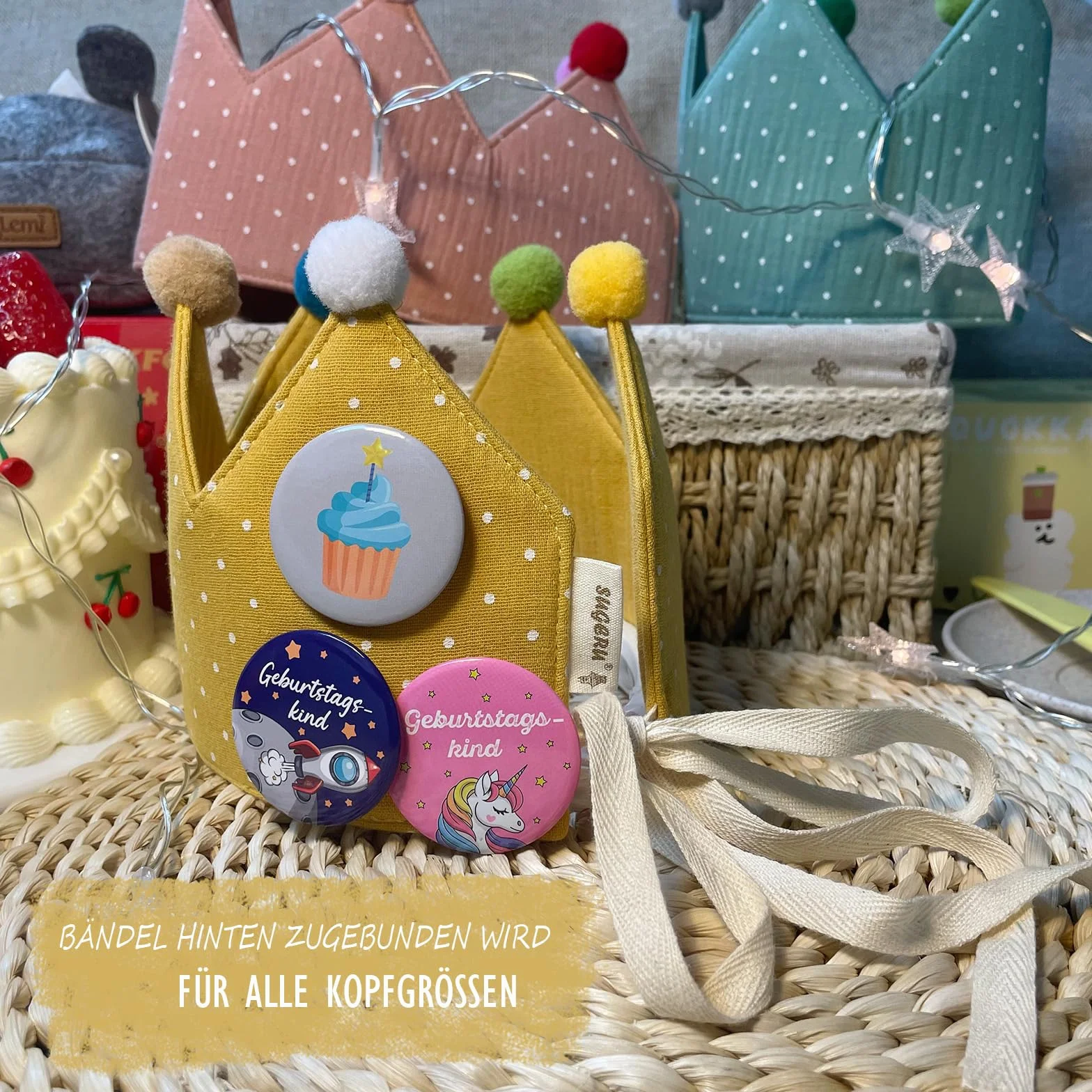 Sugeru® Korona urodzinowa muślinowa z cyframi, korona urodzinowa dla chłopców i dziewczynek, dekoracja urodzinowa dla dzieci, kapelusze na imprezę, dekoracja na urodziny dziecka, korona z guzików z