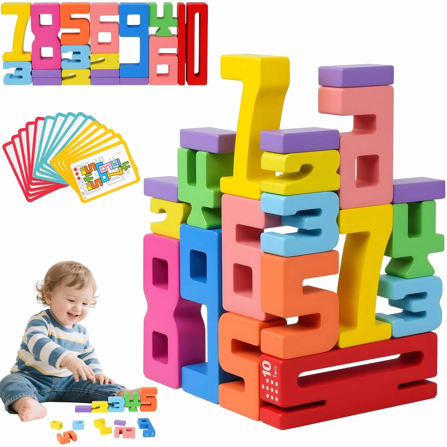 Ainiv Zabawki z Klockami Numerycznymi dla Dzieci, Drewniane Klocki z Liczbami od 1 do 10, Cyfrowe Klocki Montessori, Wczesne Gry Matematyczne dla Przedszkolaków (20 Klocków, 15 Kart)