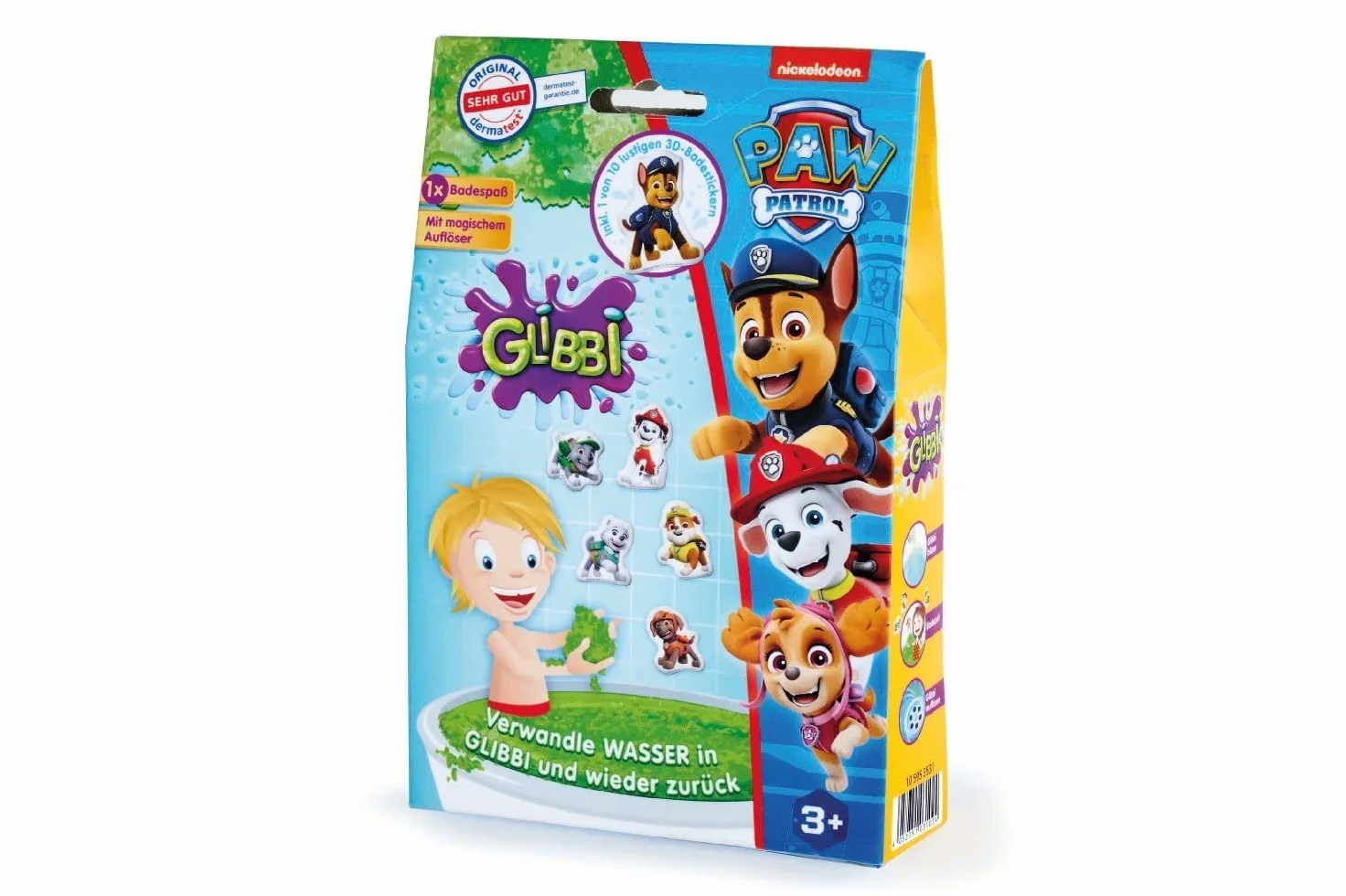 Simba 105953531 – Glibbi Psi Patrol, zabawka do wanny, zabawka wodna, proszek zamienia wodę w zieloną, żelową masę i z powrotem, łącznie z naklejką do kąpieli, 300 g, od 3 lat