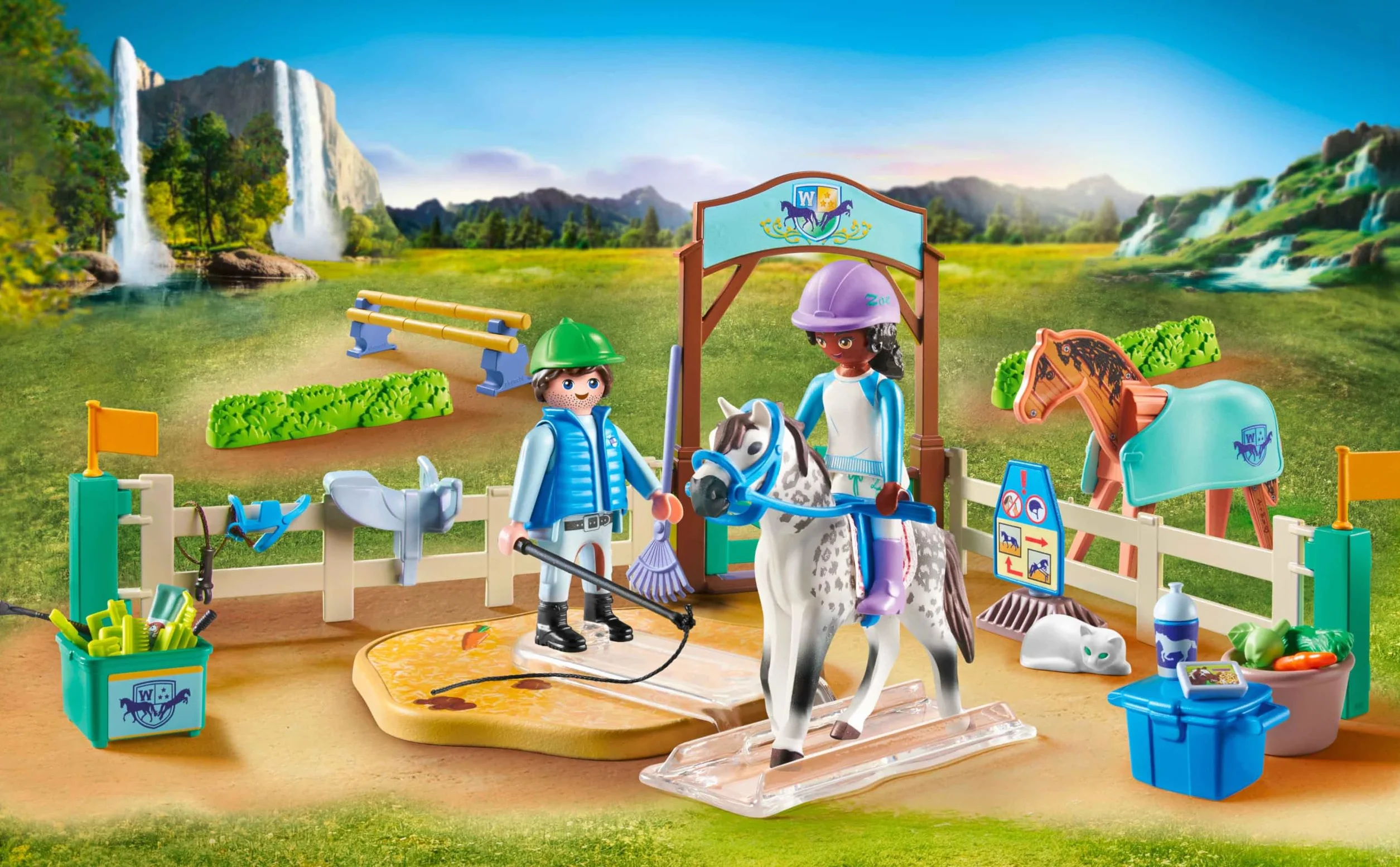 PLAYMOBIL Horses of Waterfall 71637 Nowoczesna arena jeździecka, w zestawie znajduje się ruchomy lonżownik, koń oraz różnorodne akcesoria, zestaw odpowiedni dla dzieci od 5 roku życia