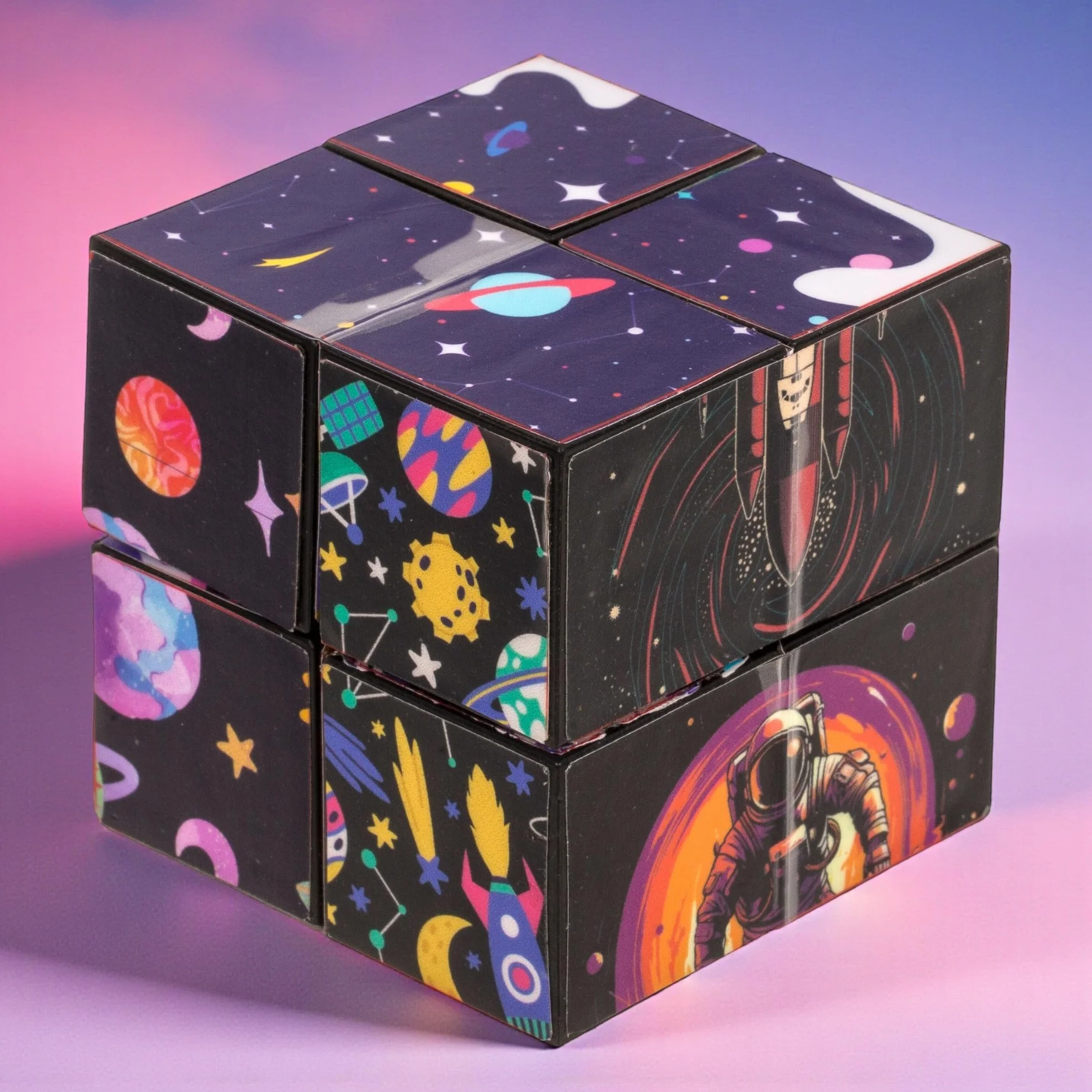 MIJOMA Infinity Cube – niekończąca się kostka z ekscytującymi motywami, Fidget zabawka przeciwko stresowi i nudzie, składana kostka dla dzieci i dorosłych, 5,5 cm (kosmos)
