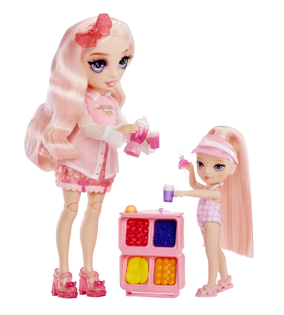 Rainbow High Littles Pool Day with Blush Playset – W Zestawie Mała Różowa Laleczka (14 cm), Basen z Tęczową Zjeżdżalnią, Akcesoria, Stoisko z Koktajlami, dla Dzieci w Wieku 4+