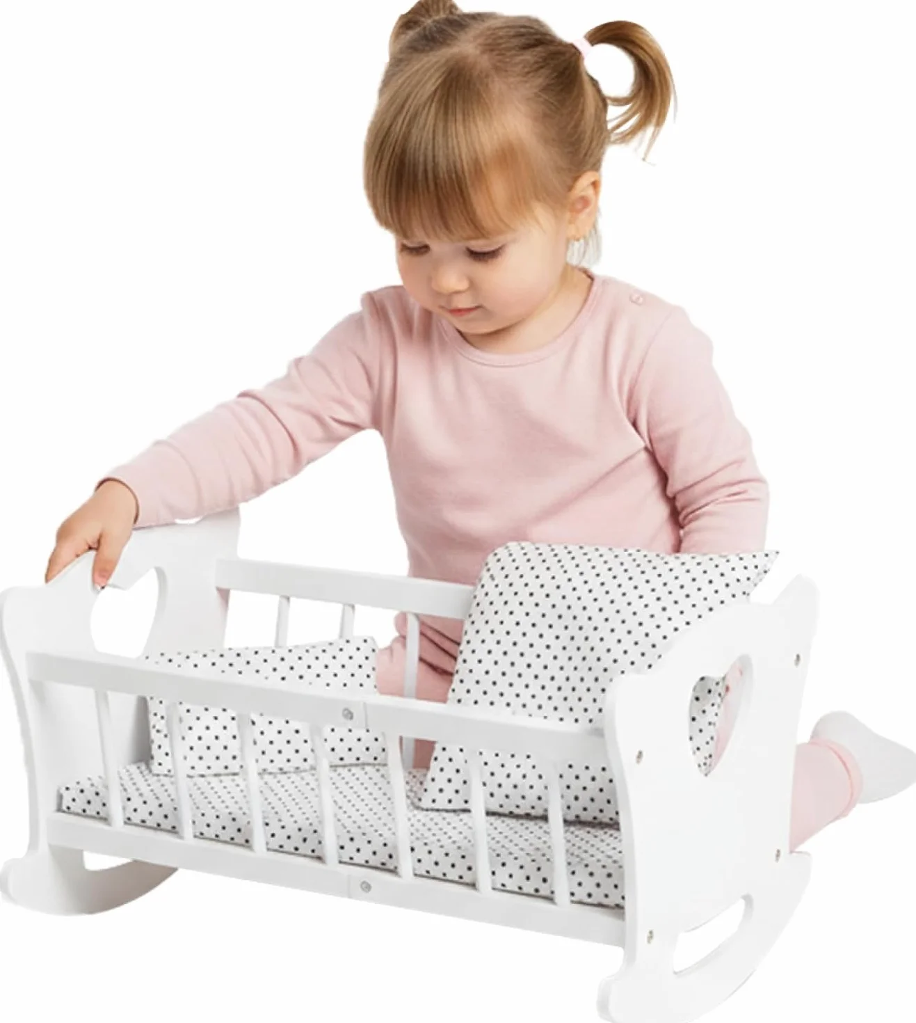 Kinderplay Drewniane łóżeczko dla lalek z pościelą - Łóżko dla lalek z materacem, poduszką i kocem, kołyska dla lalek do 49,5 cm, drewniana zabawka dla dziewczynek od 3 lat