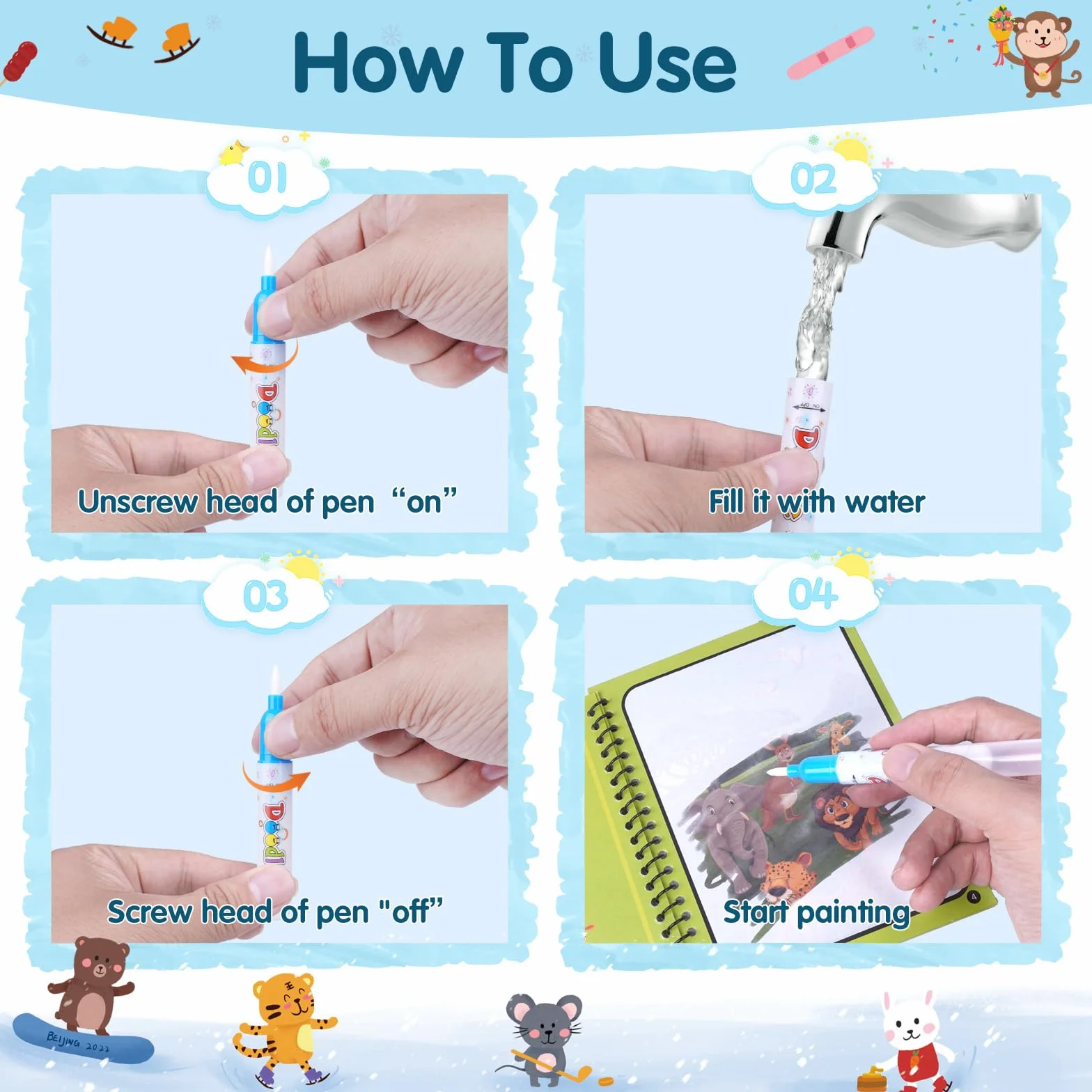 Realjoy 6 sztuk magicznych kolorowanek wodnych wielokrotnego użytku książki do malowania wodą dla dzieci z 6 pisakami wodnymi zwierzę magiczne malarstwo książka dla dzieci malucha zabawka edukacyjna