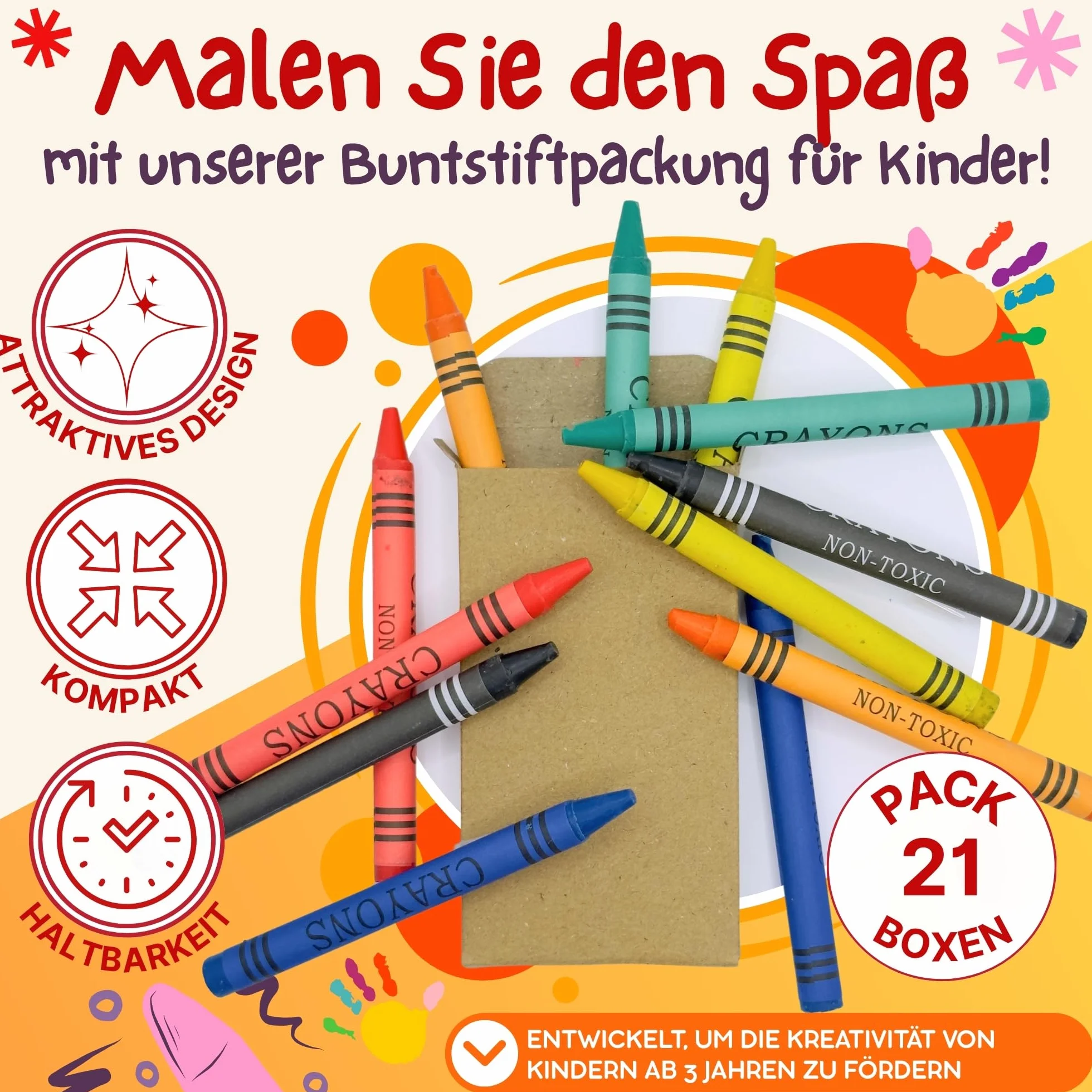 AF® zestaw 150 farb dla dzieci, 25 pudełek na farby dla dzieci, kolorowy wosk na prezent, 6 kolorów wosku na opakowanie, szczegóły uczniów, 25 pudełek z 6 kredkami + szablony do pobrania