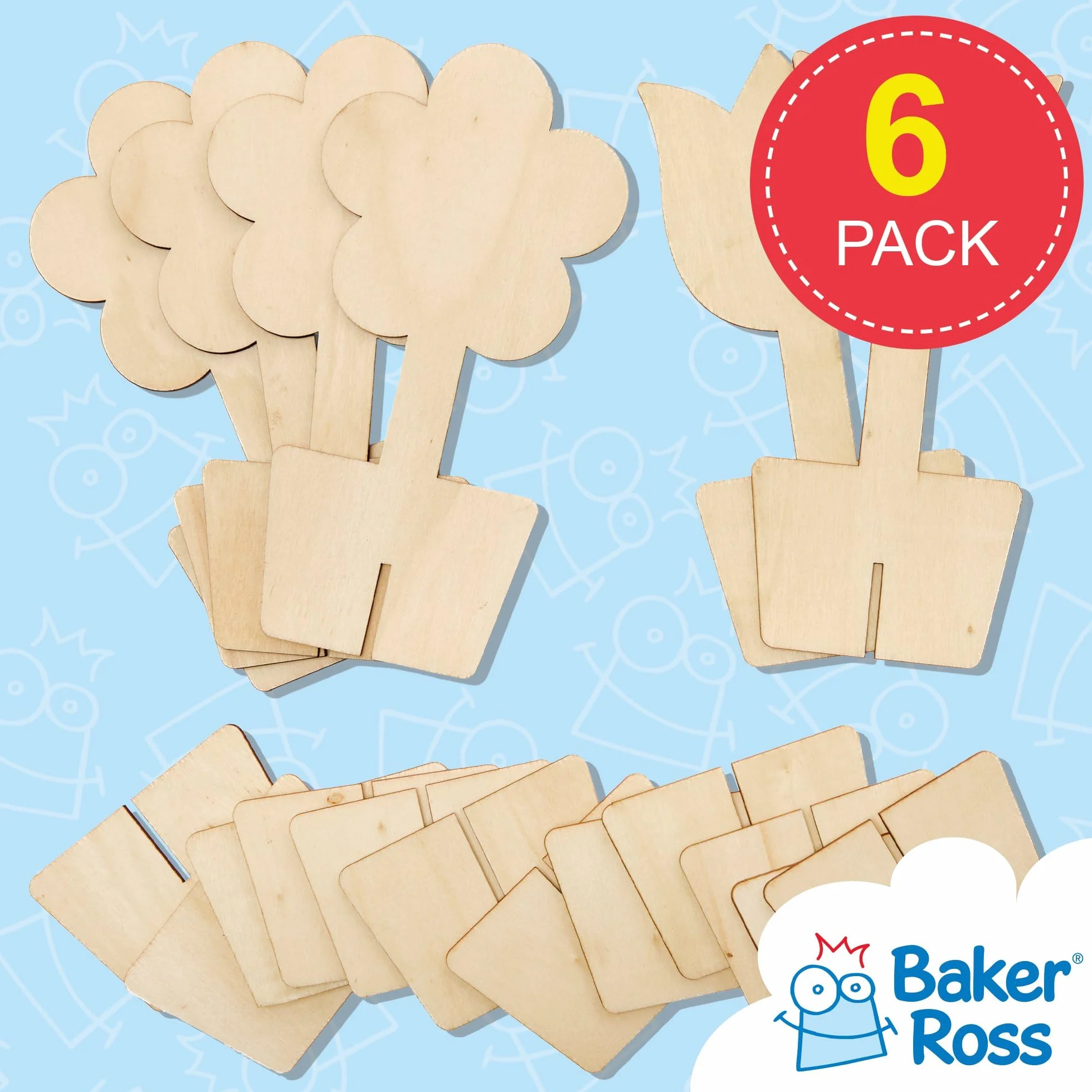 Baker Ross FC727 Drewniane ozdoby stojące 3D w kształcie kwiatów - zestaw 6 sztuk, zestaw do tworzenia modeli drewnianych dla dzieci, rękodzieło artystyczne dla dzieci