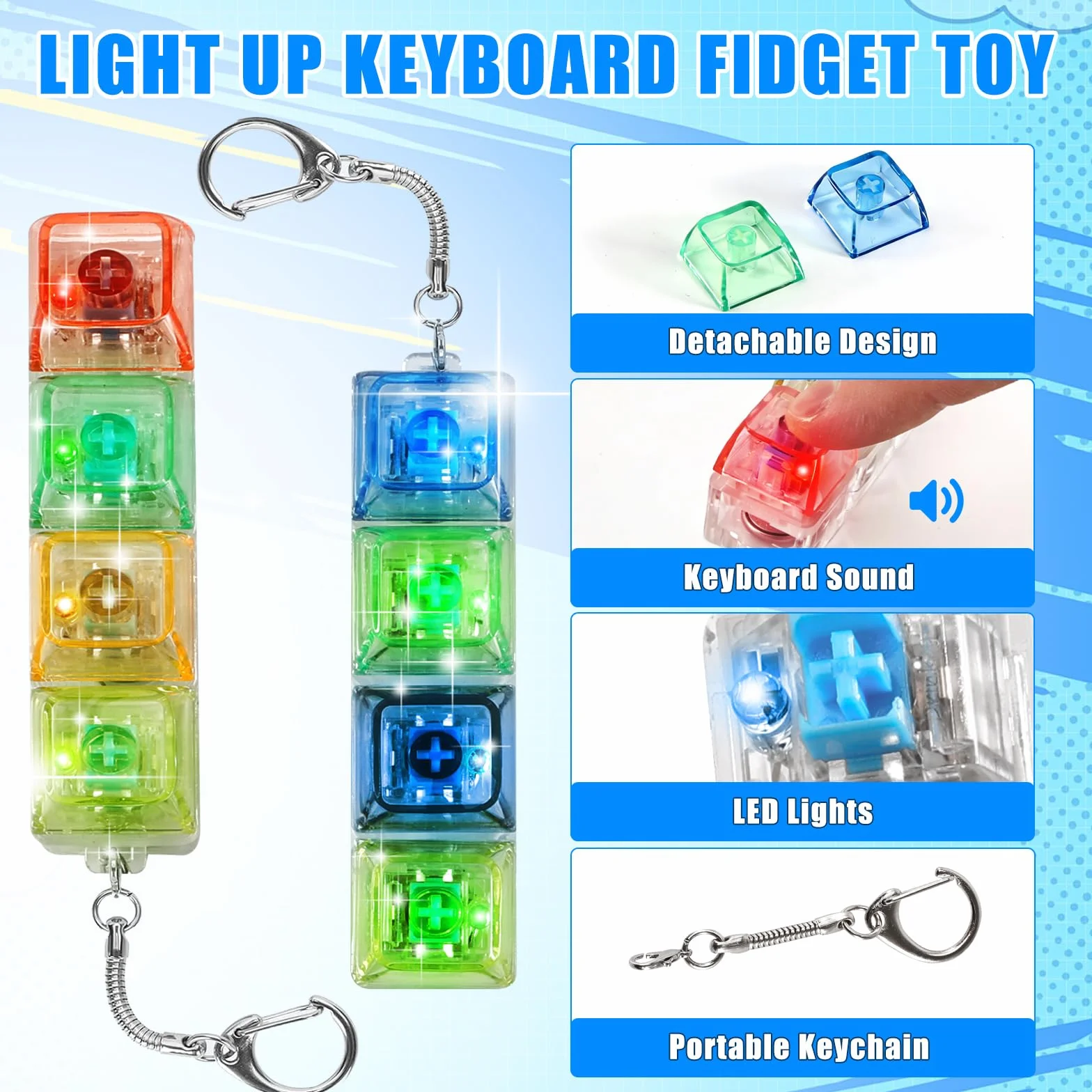 2 sztuki zabawek fidget z klawiaturą, breloczki do kluczy, z 4 przyciskami, zabawna kolorowa zabawka do strachu, biura, szkoły i podróży