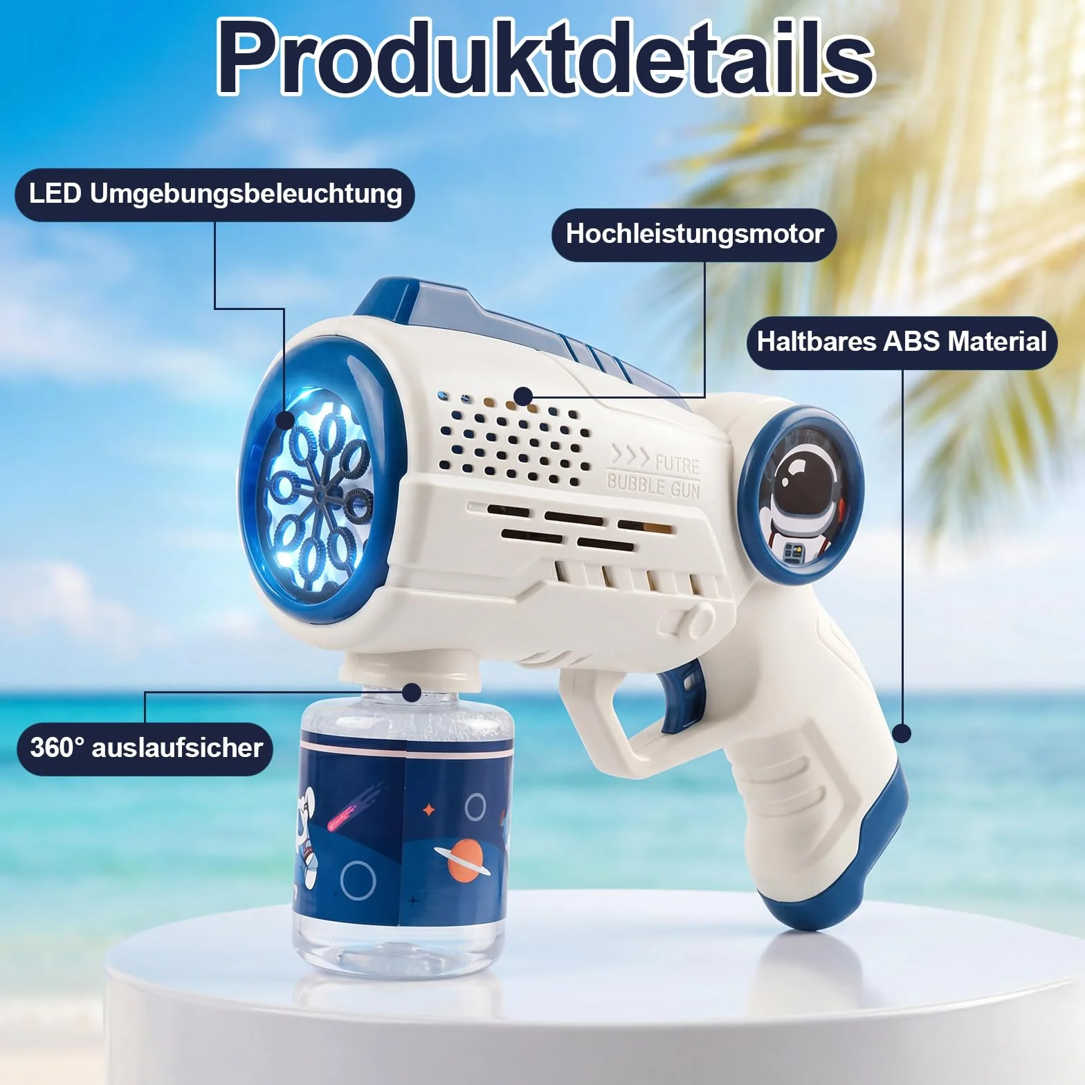 Maszyna do baniek mydlanych dla dzieci, pistolet do baniek mydlanych z oświetleniem LED i zbiornikiem 100 ml, automatyczny pistolet do baniek mydlanych, 10 opakowań w płyn, do zabawy na świeżym