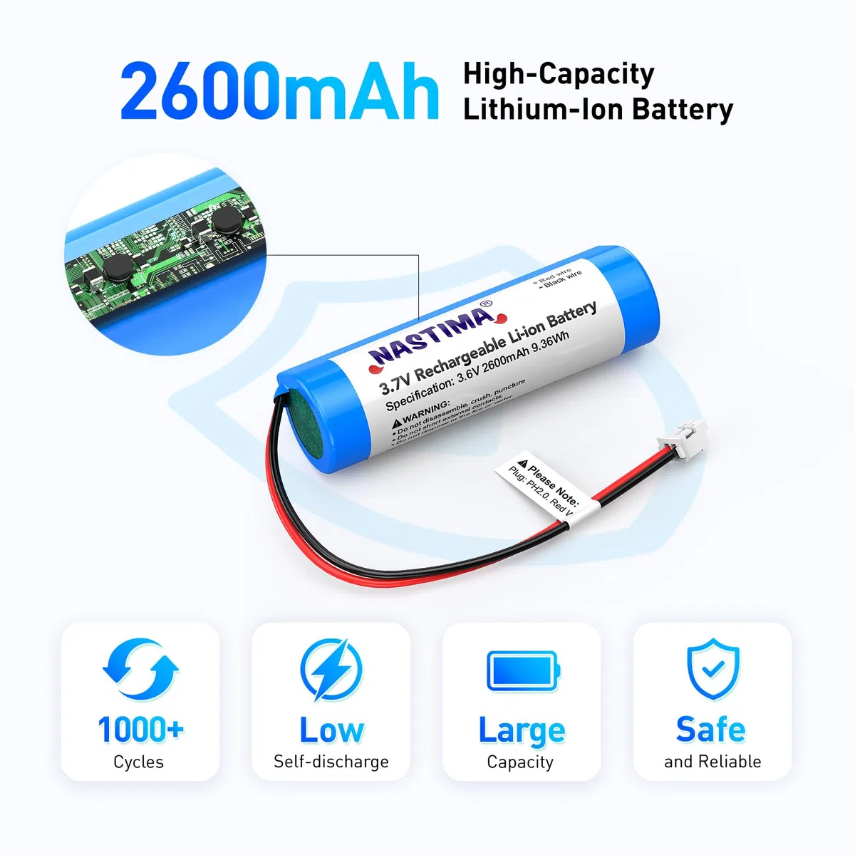 Bateria litowo-jonowa NASTIMA PH2.0/2P 3,7V 2600mAh 9,36Wh do ponownego naładowania z kablem do przełączania polaryzacji, do elektroniki DIY, wzmacniaczy mowy, zabawek RC, urządzeń Bluetooth
