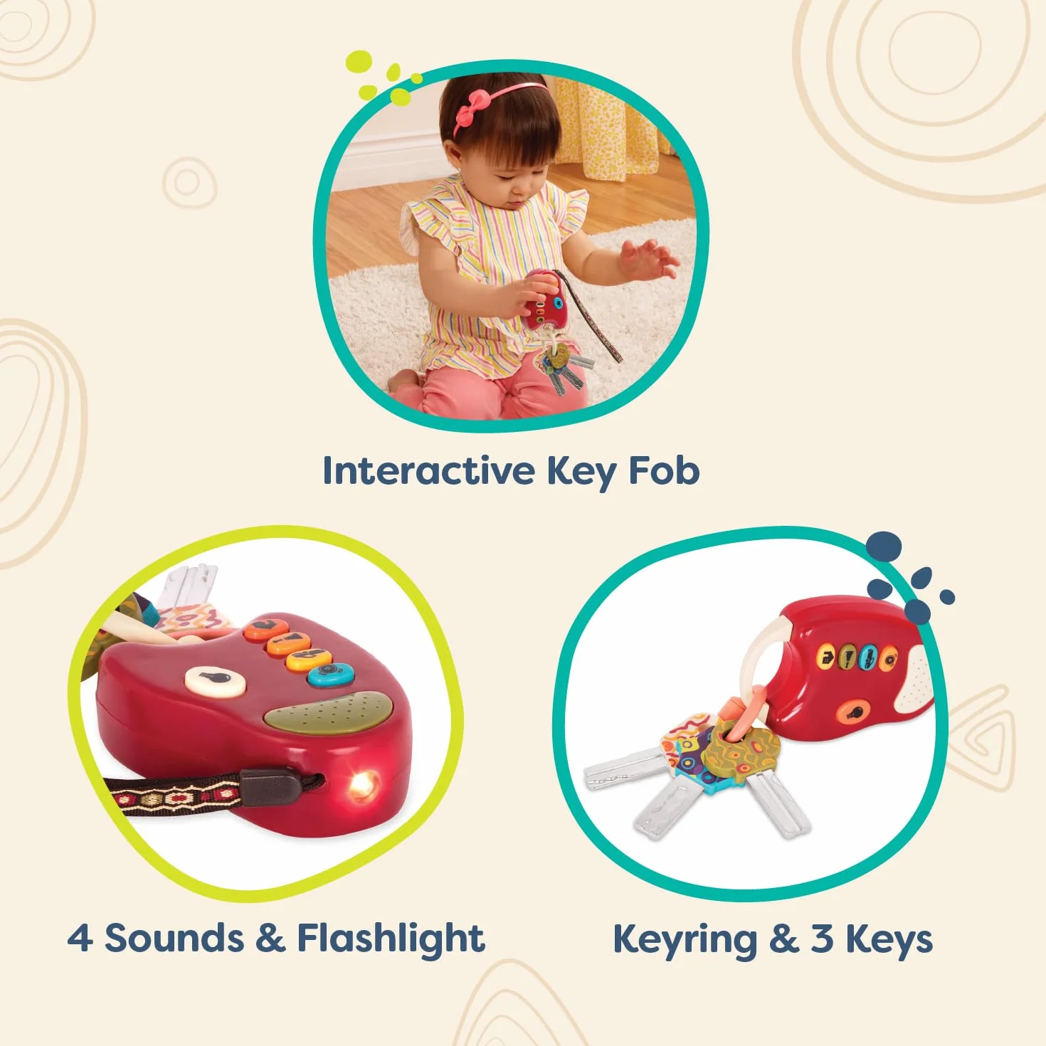 B. toys – FunKeys Toy – Funky Toy Keys dla małych dzieci i niemowląt – zabawka kluczyki samochodowe i czerwony pilot zdalnego sterowania z jasnością i dźwiękami – w 100% nietoksyczne i wolne od BPA