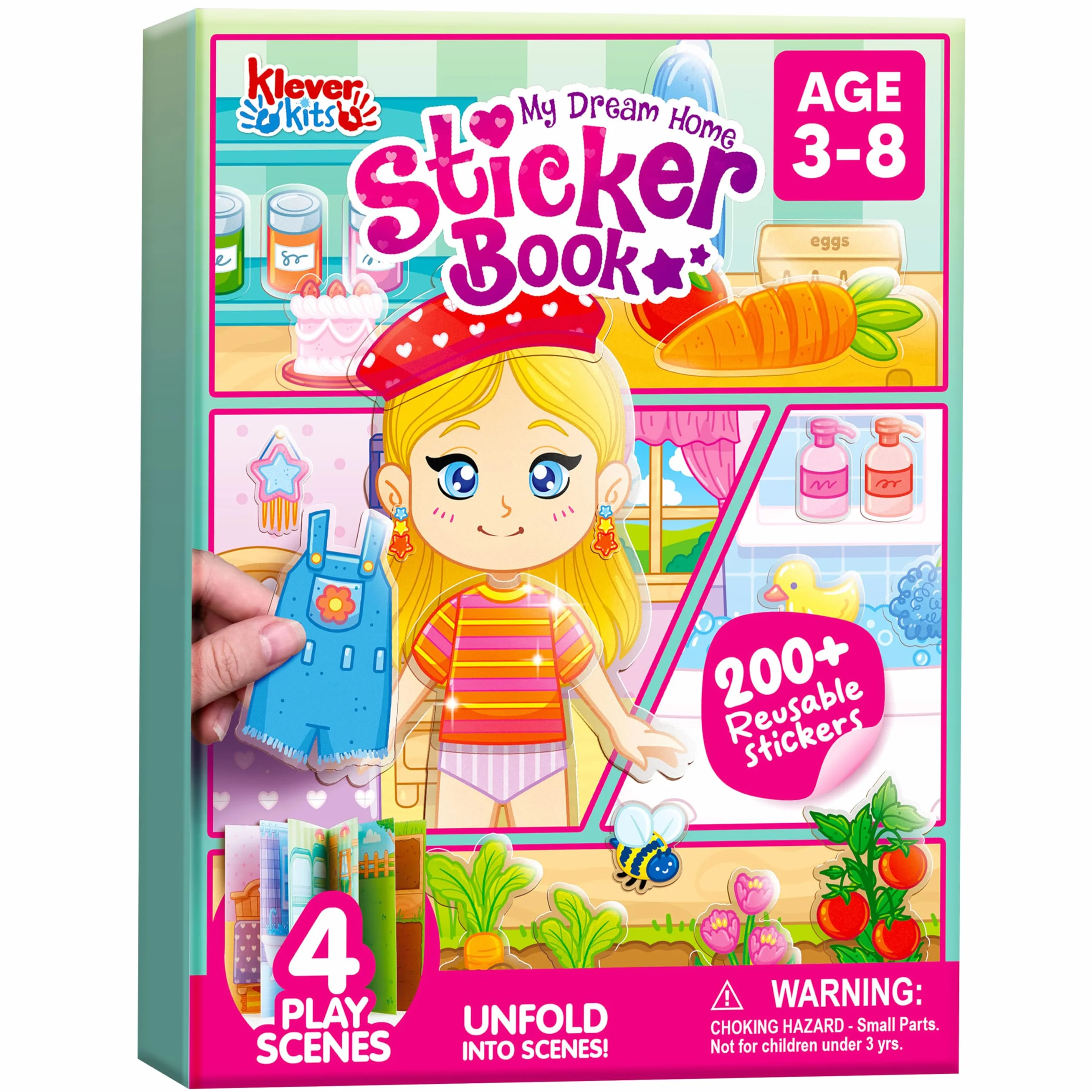 Klever Kits Książka z naklejkami wielokrotnego użytku 3D dla dzieci, przenośna, wodoodporna, odpowiednia dla dzieci w wieku 2, 3, 4, 5, 6 lat