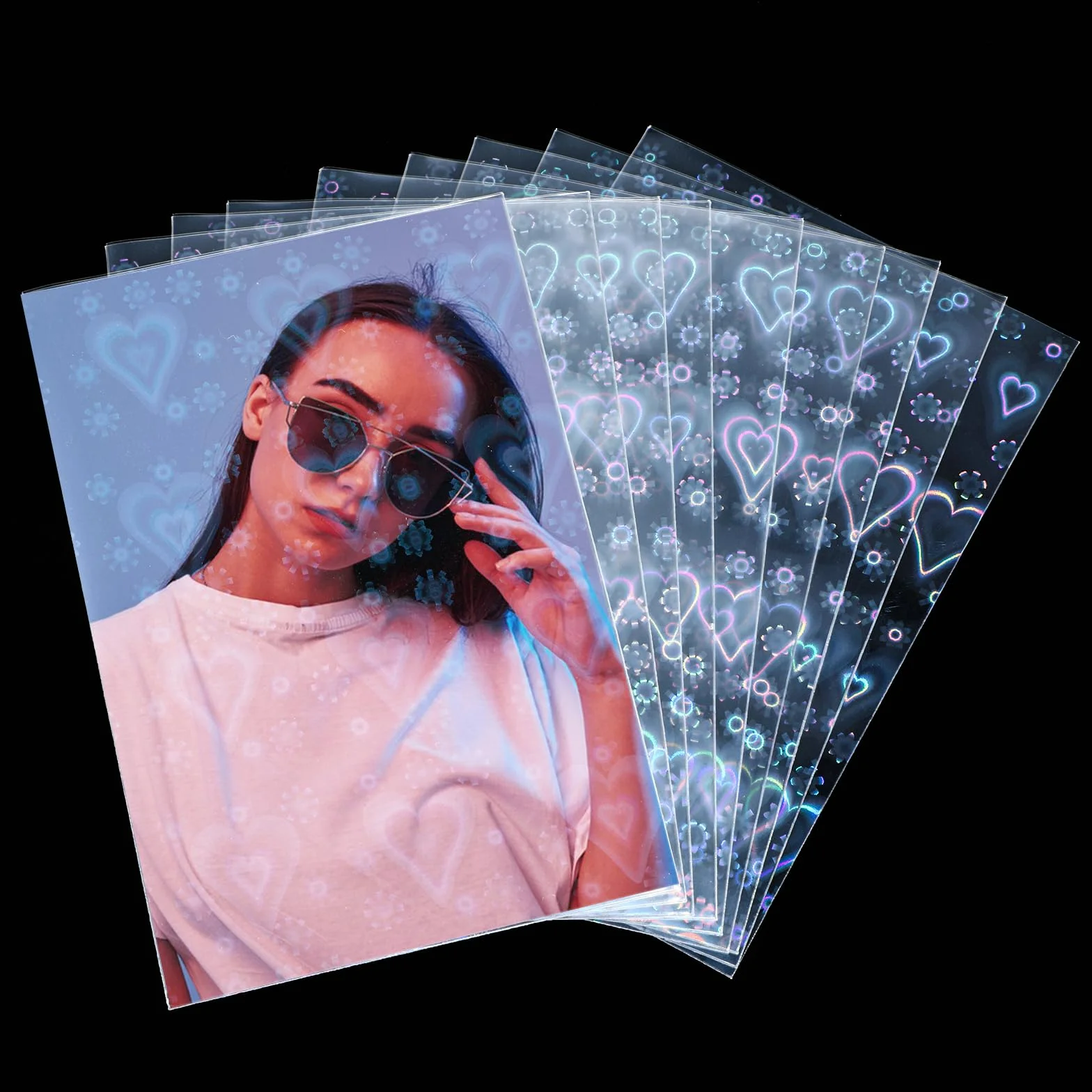 100 sztuk laserowych rękawów na karty, 61 x 88 mm, Photocard Soft Sleeves, etui na karty, przezroczysta folia ochronna na karty fotograficzne, etui na karty kolekcjonerskie (serce)