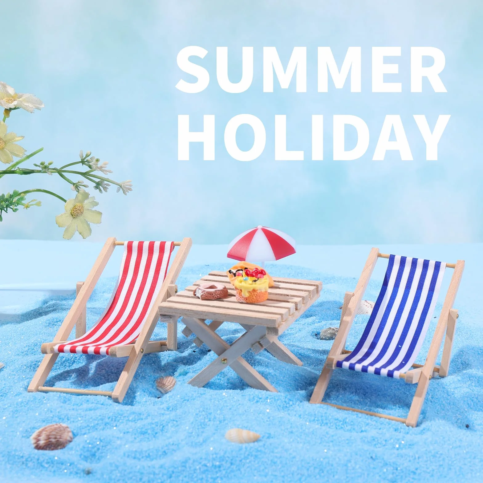 Cobee Miniaturowe krzesło plażowe do domku dla lalek, 4 szt., 1:12, plaża, miniaturowy domek dla lalek, dekoracja na zewnątrz, mini lalka, podwójne leżaki, parasol, stół do samodzielnego wykonania