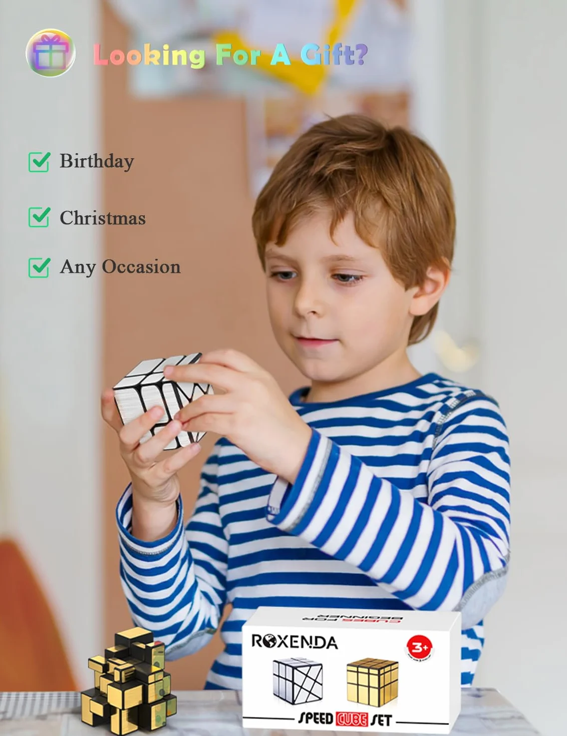 ROXENDA Speedcube zestaw 2 lusterek w kolorze złotym w kształcie litery S, srebrne kostki z ochroną przed wiatrem, nieregularne podmuchy Speedcubing 3 x 3 x 3 Speed Cube Twisty Box, puzzle, złoty