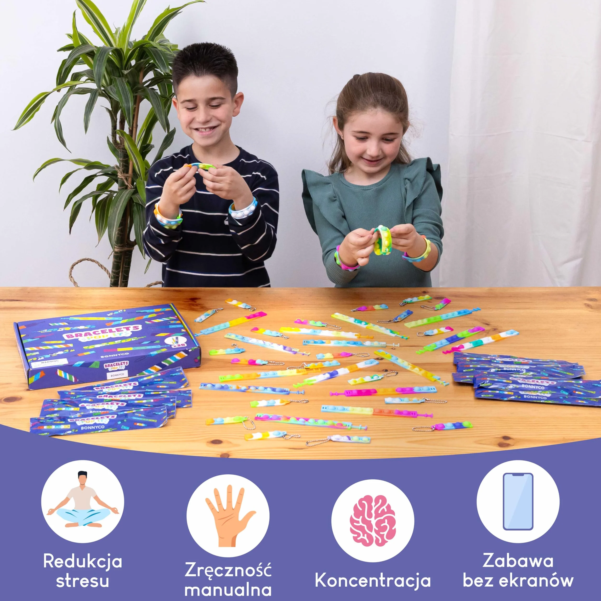 BONNYCO Bransoletki i Breloczki Pop It do Wypełniania Worków na Imprezę dla Dzieci Unisex 30 Szt. Wypełnienie Worków Imprezy, Zabawki Antystresowe, Upominki na Przyjęcie Dziecięce