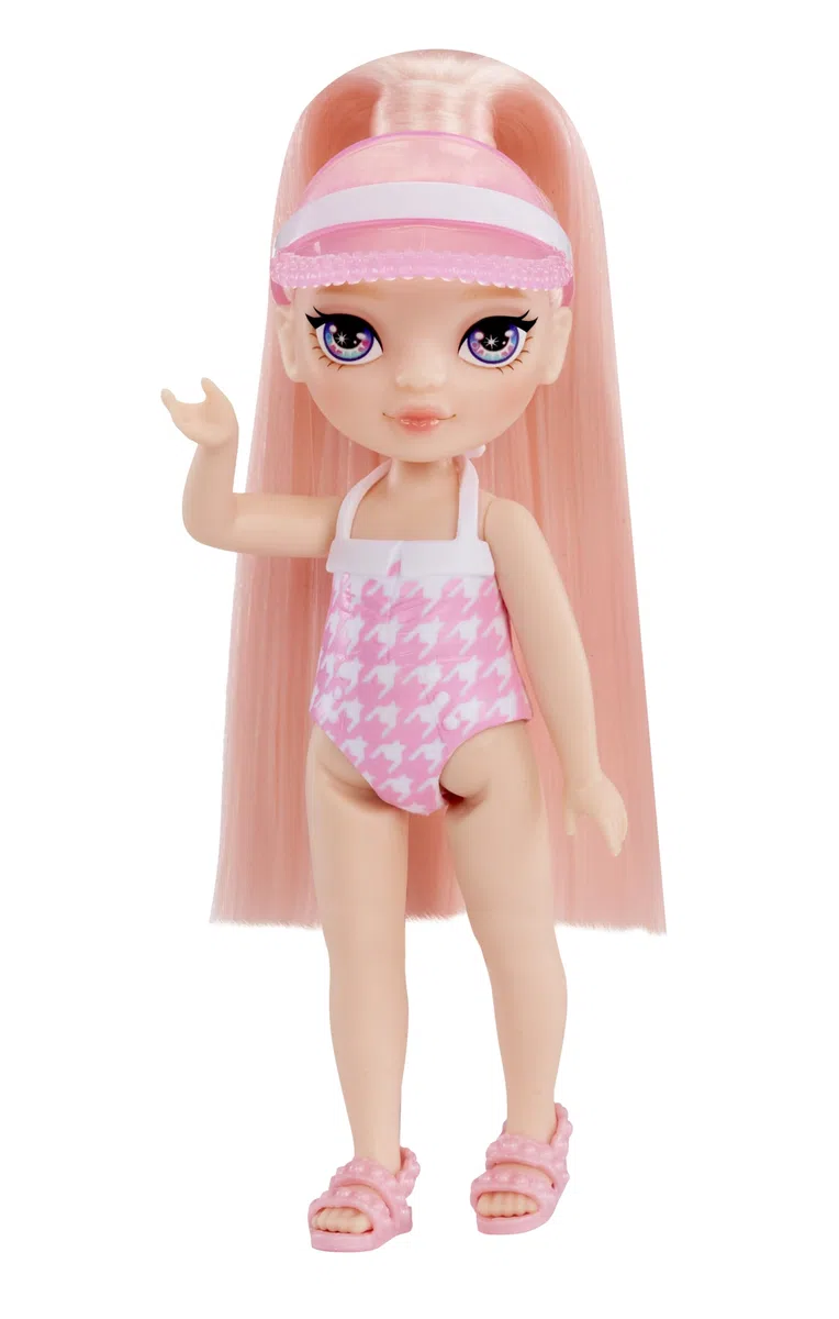 Rainbow High Littles Pool Day with Blush Playset – W Zestawie Mała Różowa Laleczka (14 cm), Basen z Tęczową Zjeżdżalnią, Akcesoria, Stoisko z Koktajlami, dla Dzieci w Wieku 4+