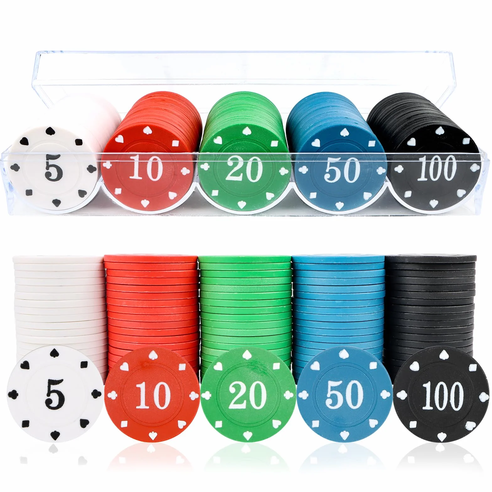 Jognee Chipy do pokera - pudełko do pokera, 100 sztuk plastikowych żetonów do pokera, numerowane żetony do pokera, 5/10/20/50/100, mini żetony do pokera, na imprezę rodzinną