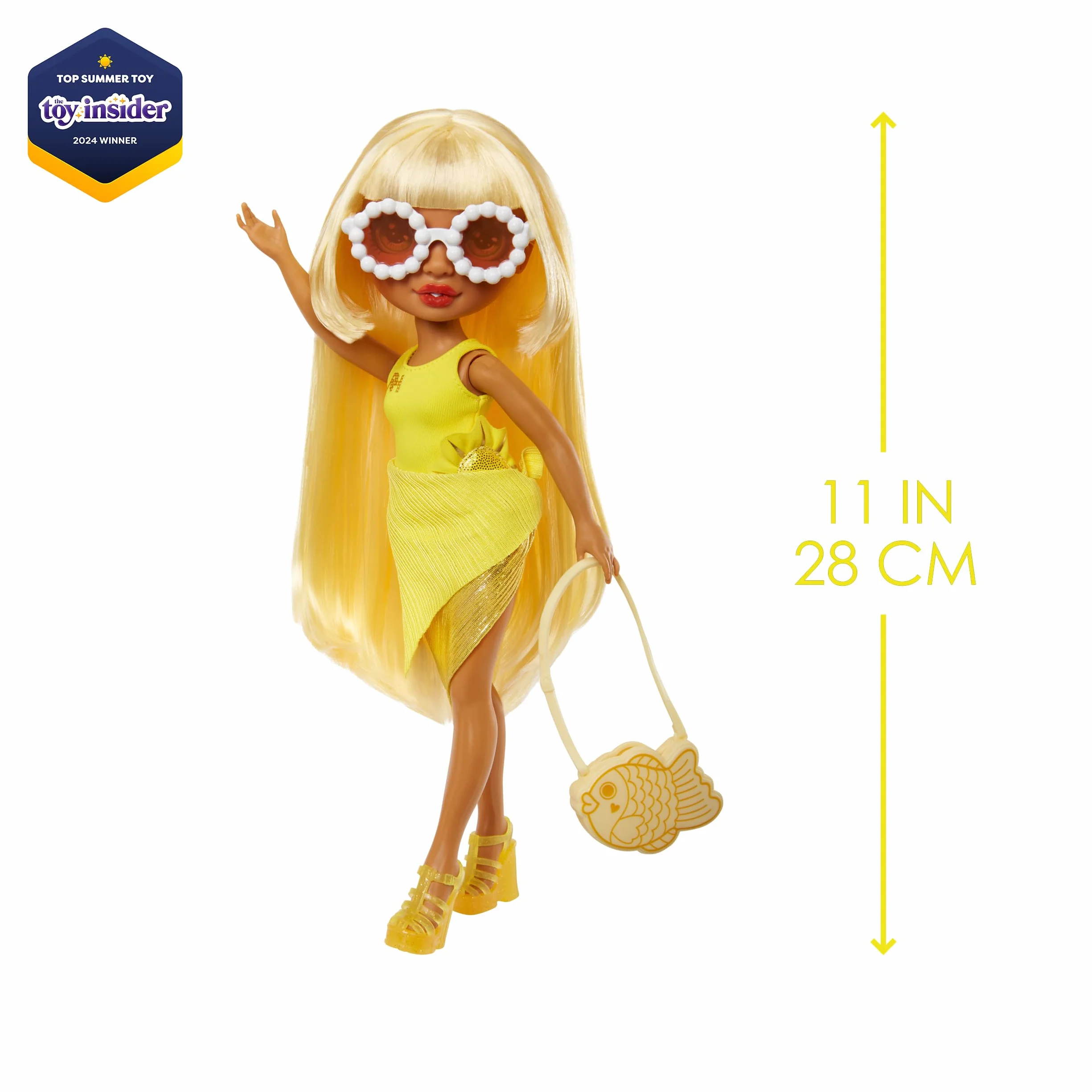Rainbow High Swim & Style - Sunny (Żółta) - 28 cm Lalka z Błyszczącą Chustą do Stylizacji na 10+ Sposobów - Strój Kąpielowy, Sandały, Akcesoria do Zabawy - Świetna Zabawka dla Dzieci w Wieku 4-12