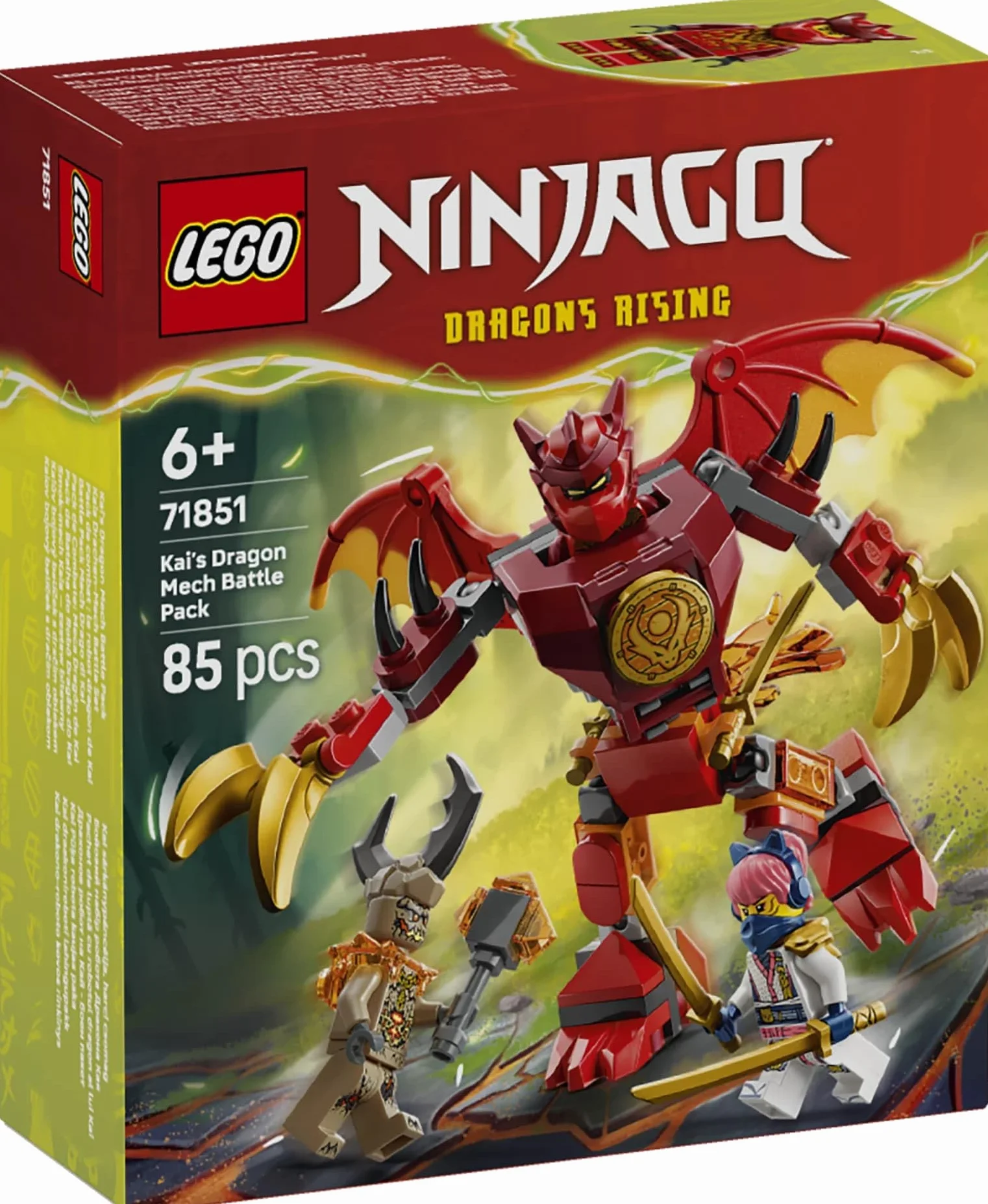 LEGO NINJAGO Smok-mech Kaia — zestaw bitewny, zabawka dla dzieci w wieku od 6 lat, zestaw klocków z trzema minifigurkami, drobny upominek, ninja prezent urodzinowy dla chłopca i dziewczynki 71851