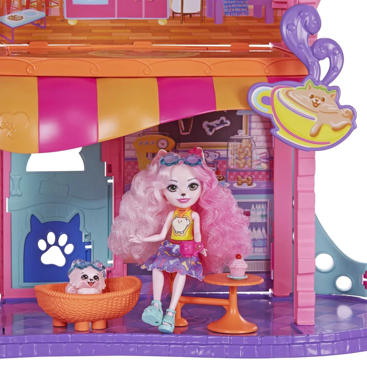 Enchantimals City Tails Apartament Palmer Pomeranian i Pommy Domek dla lalek 3 piętra z figurą, piesek, meble i akcesoria, zabawka na prezent +4 lata (Mattel HHC18)