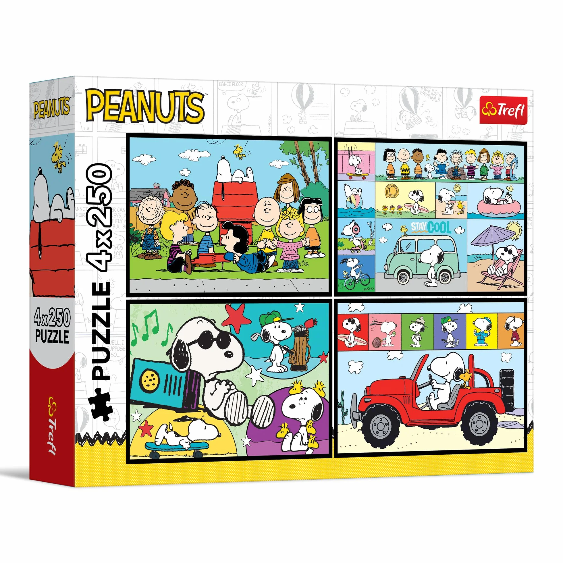 Trefl - Puzzle 4w1: Peanuts, Fistaszkowe przygody - 4 x 250 Elementów - Zestaw Czterech Układanek dla Nastolatków