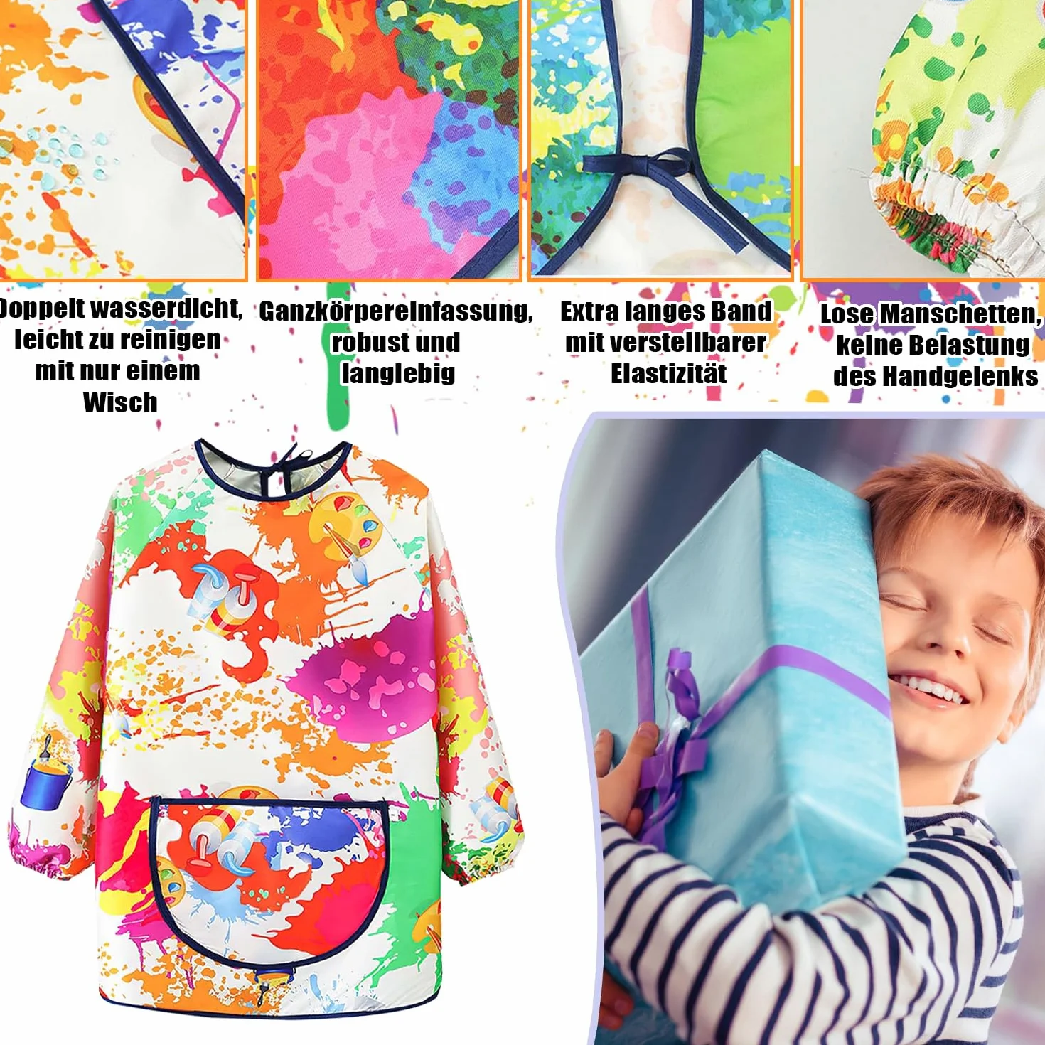 Fartuch malarski dla dzieci, wodoodporny fartuch malarski, fartuch z rękawami, regulowany fartuch kuchenny z rękawami, do malowania i majsterkowania, pieczenia, gotowania, dla dziewcząt i