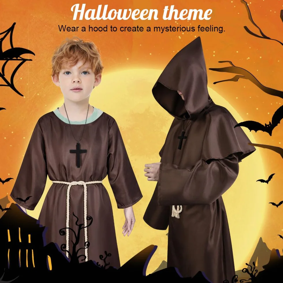 AUYAO Kostium mnicha dla dzieci, szlafrok cosplay, fantazyjny kostium, średniowieczny szlafrok z kapturem, renesans, płaszcz z kapturem, rycerz, vintage, niegodziwy kostium, Halloween, karnawał