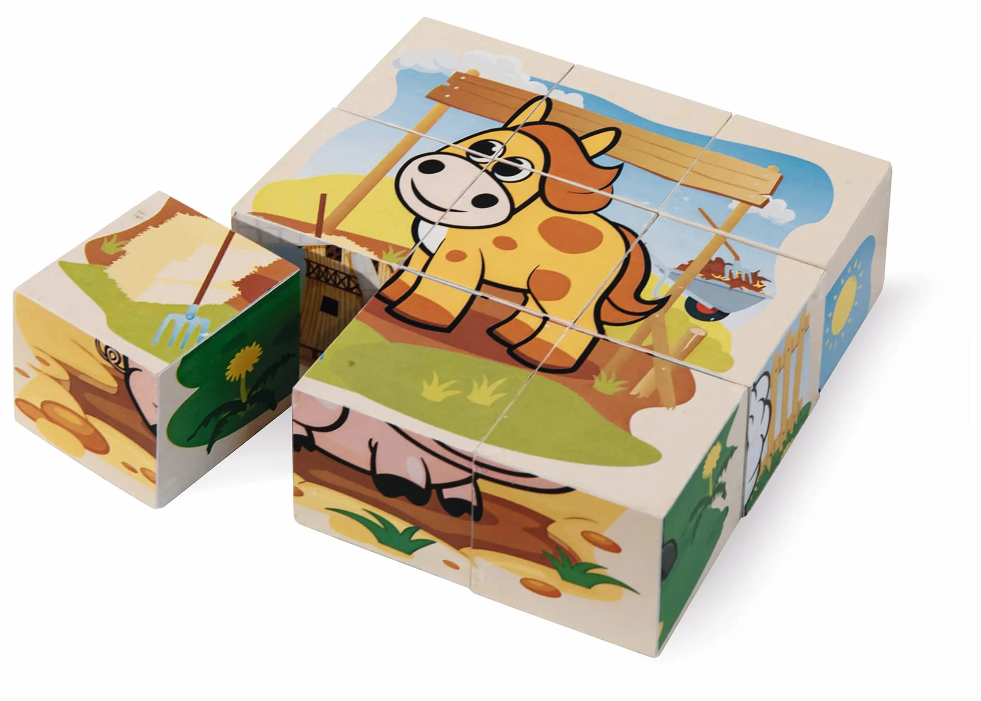 Eichhorn - Kostki z obrazkami, gospodarstwo rolne, 9 klocków z 6 motywami, w zestawie szablon, 9-częściowy, rozmiar 10,5 x 10,5 cm, ze 100% drewna sosnowego z certyfikatem FSC, od 2 lat