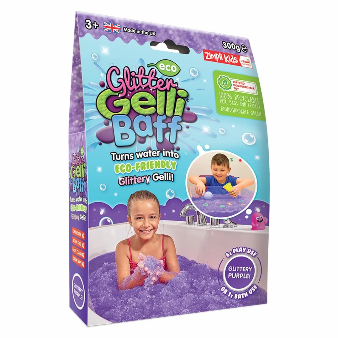 ZIMPLI - Eco Glitter Gelli Baff Purple, 1 kąpiel lub 6 zabaw, w magiczny sposób zamienia wodę w gęstą, kolorową mazię, zabawka do kąpieli dla dzieci nadająca się do recyklingu
