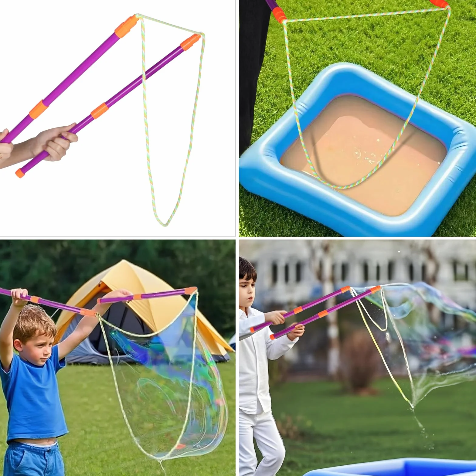 Zestaw Dużych Baniek Mydlanych – 2 Teleskopowe Kijki Lekkie i Przenośne, Trwały Bawełniany Sznurek, Bubble Wand dla Dzieci i Dorosłych, Idealne do Ogrodu, Plaży i Zabawy na Zewnątrz