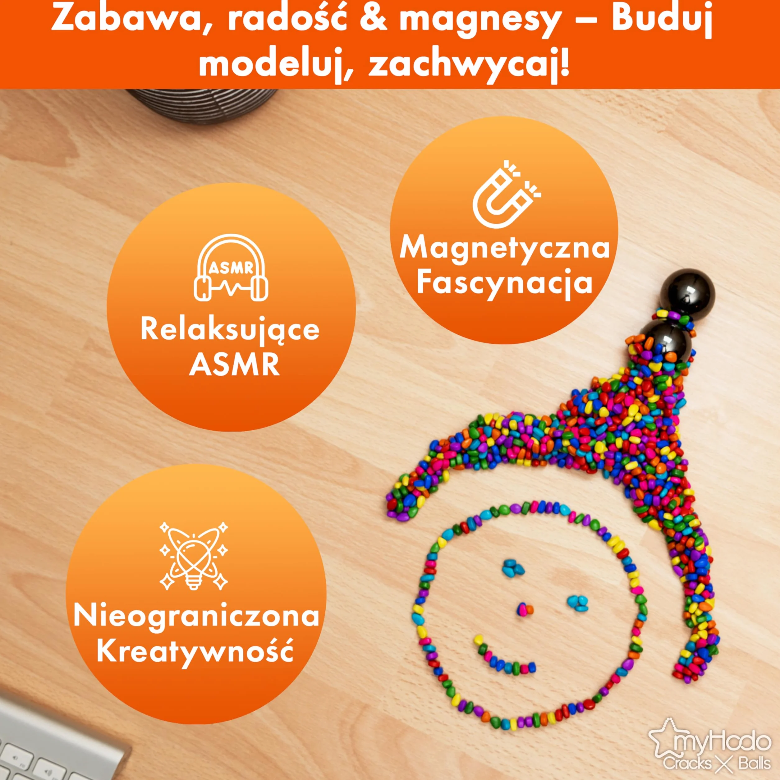 myHodo Crack Magnets Zestaw | 2x Sfery Magnetyczne (33 mm) i 550+ Kolorowych Kamieni (~6 mm) | Dotykowy Zestaw do ASMR, Antystresu i Kreatywności | Prezent Antystresowy | Skupienie i Relaks