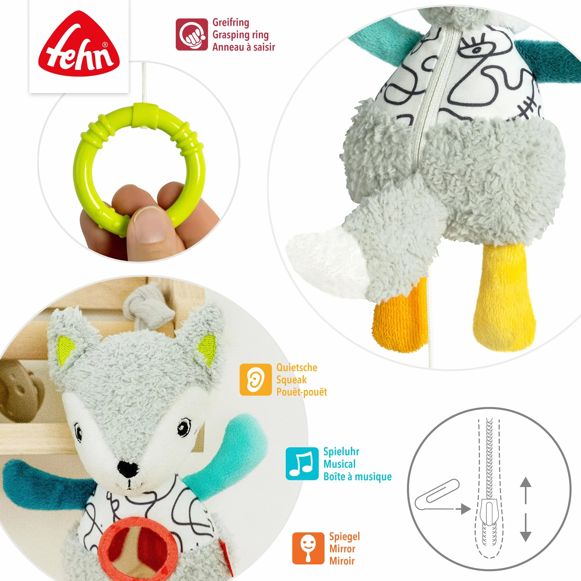 Fehn Mini-Spieluhr Fuchs – Kuscheltier & Einschlafhilfe mit Spiegel & herausnehmbarem Spielwerk – Melodie „Weißt du wieviel Sternlein stehen“ – zuhause & unterwegs – für Babys & Kinder ab 0+ Monaten