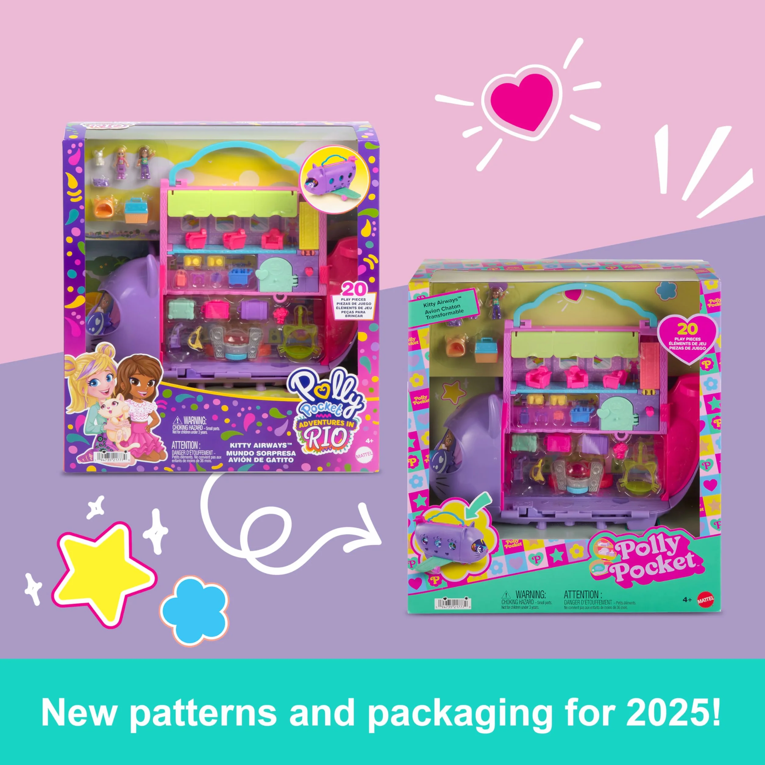 Polly Pocket Kotolot Zestaw samolot z 2 mikrolalkami, figurką zwierzątka, miejscem do przechowywania i akcesoriami, przenośna zabawka dla dzieci, HWP19